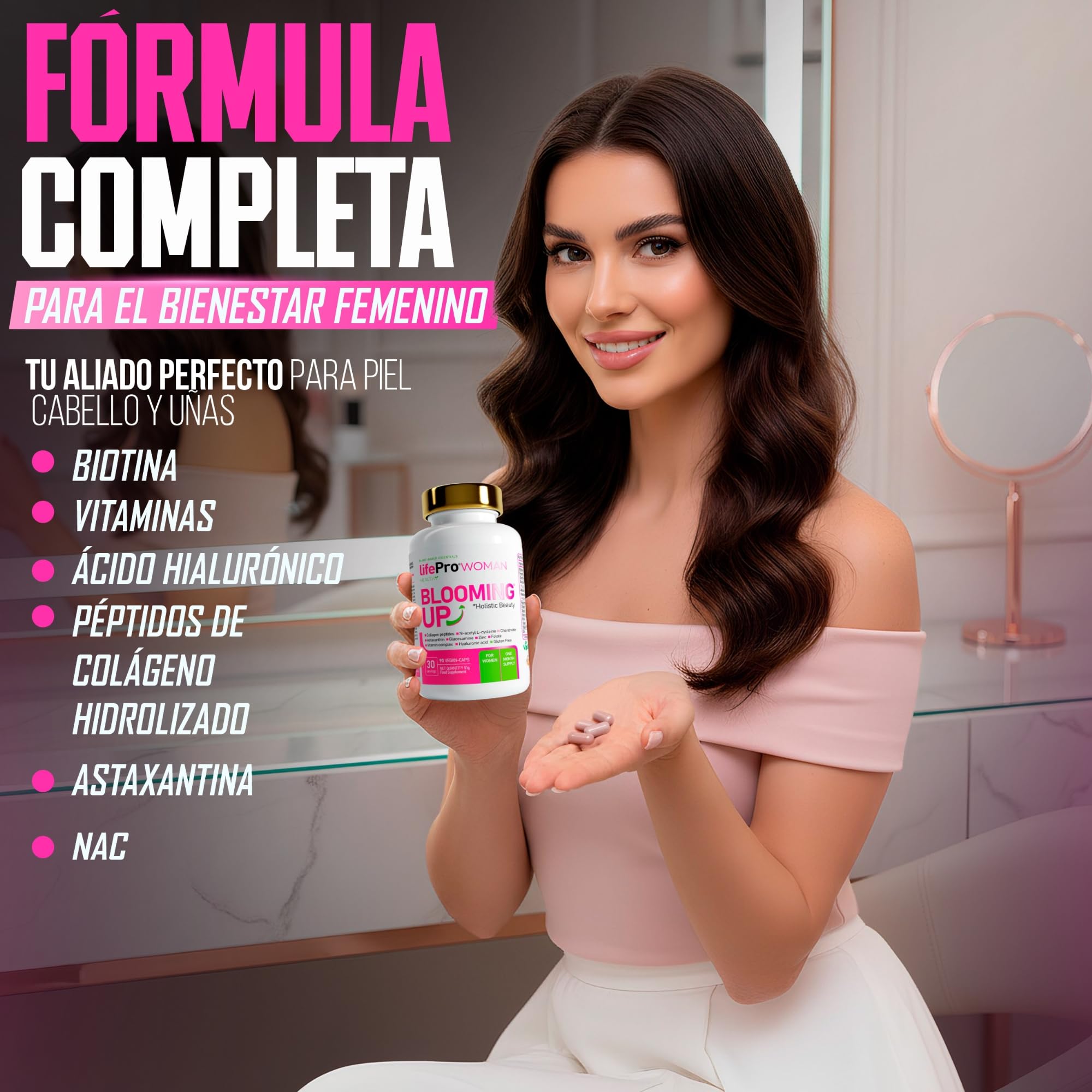 Vitaminas para el Cabello Mujer Anticaida con Biotina Blooming Up – Colágeno Hidrolizado, Zinc y Astaxantina