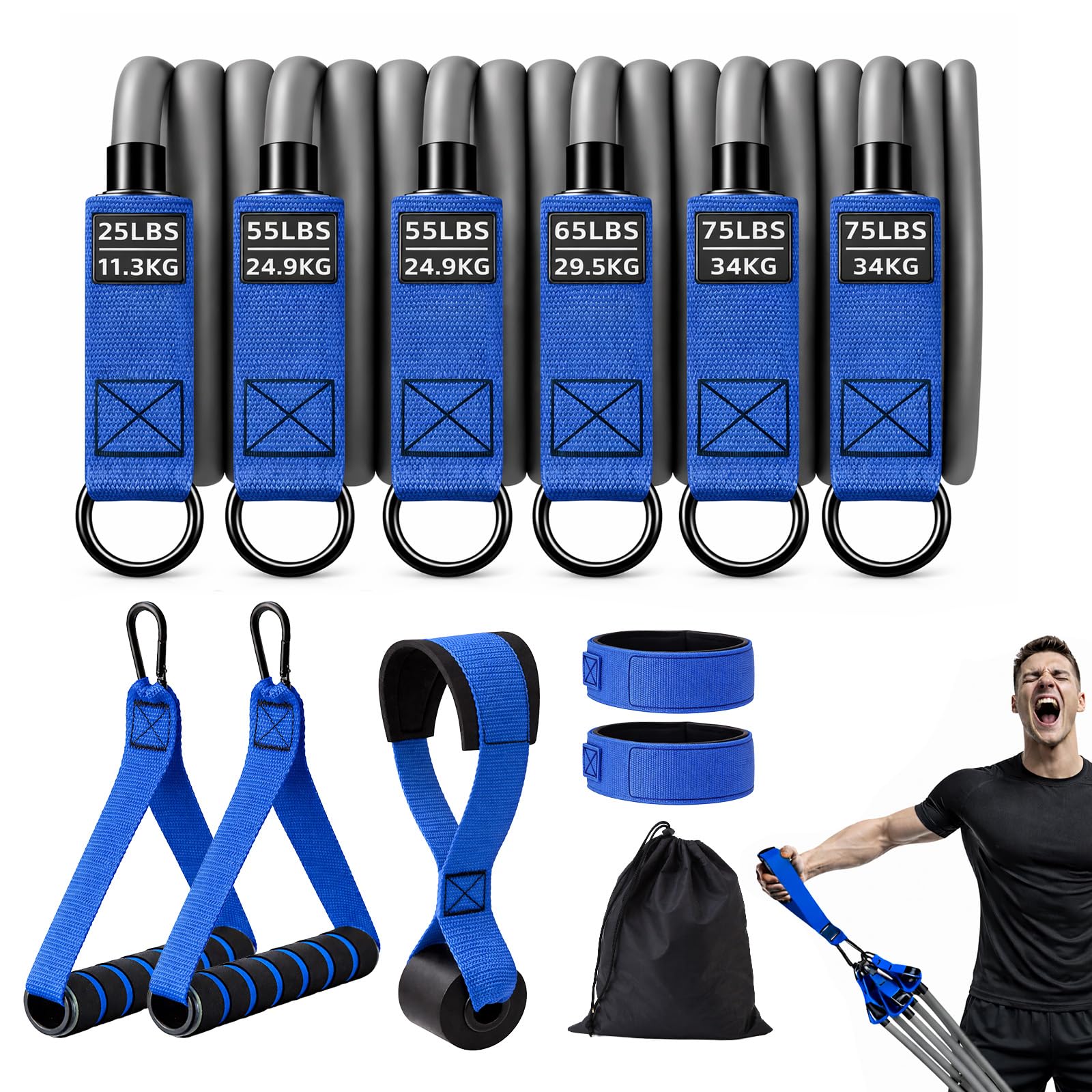GreenWhim Resistance Bands Set for Men, Up to 350lbs Heavy Exercise Bands with Handles, Door Anchor & Ankle Straps, Stackable Workout Bands for Muscle & Strength Training, Home Gym Equipment (Blue)