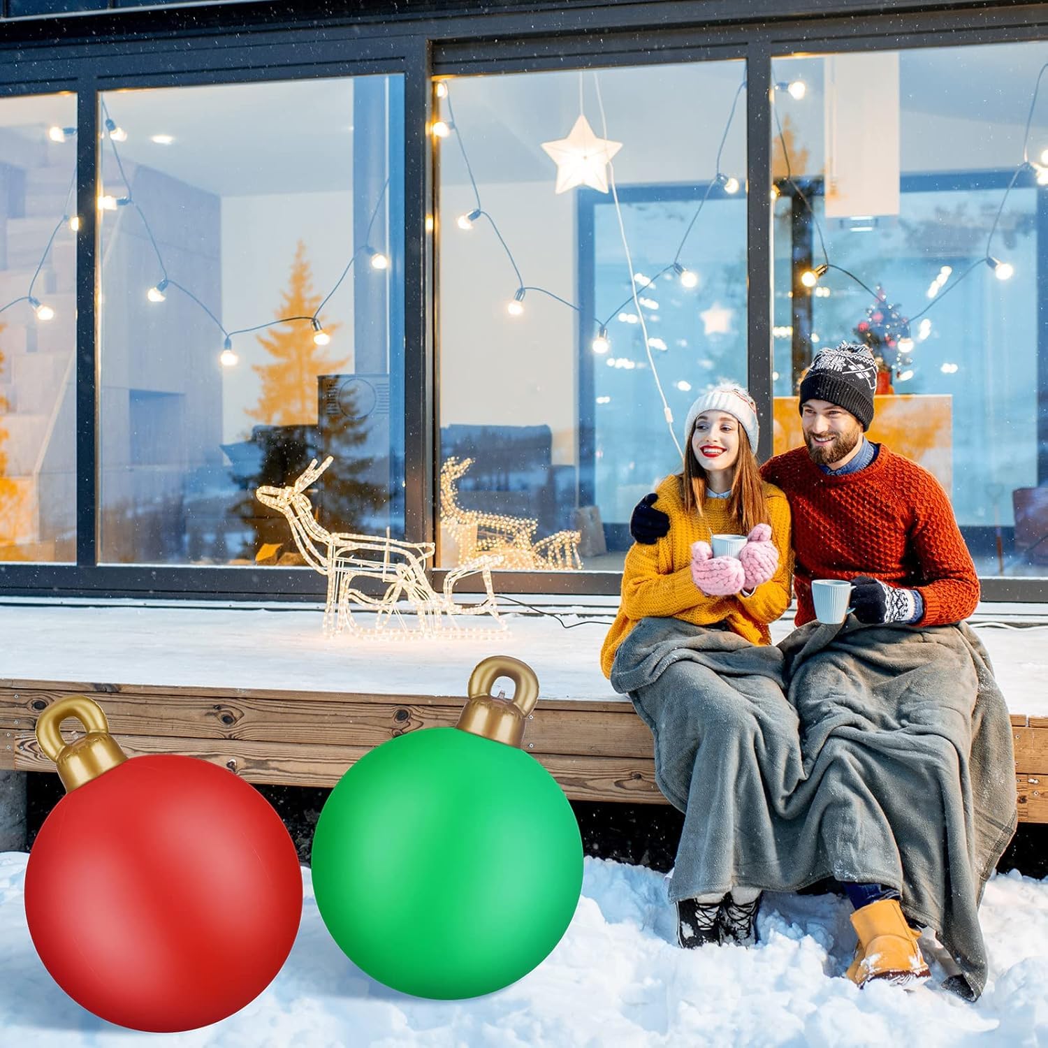 KAHEIGN 2 Piezas Bolas Inflables Gigantes de Navidad, 60CM Roja Verde Bola Decorativa Inflable Adorno Navideño de PVC para Navidad Interior Exterior Hogar Jardín Césped Patio Porche Decoración