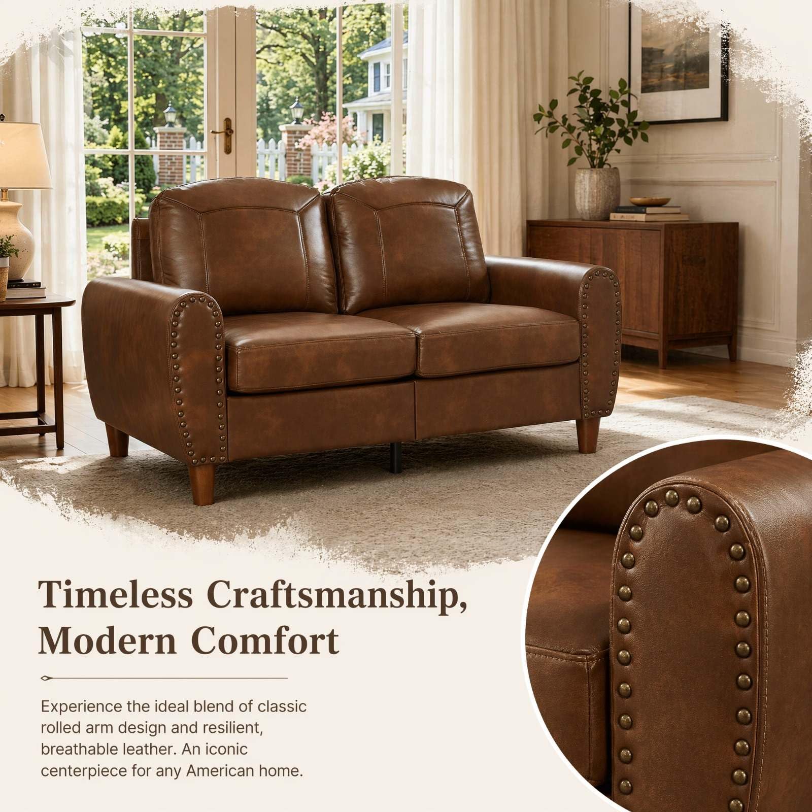59" Loveseat Sofa with Rolled Arms, Classic PU Leather Couch, Brown image 2