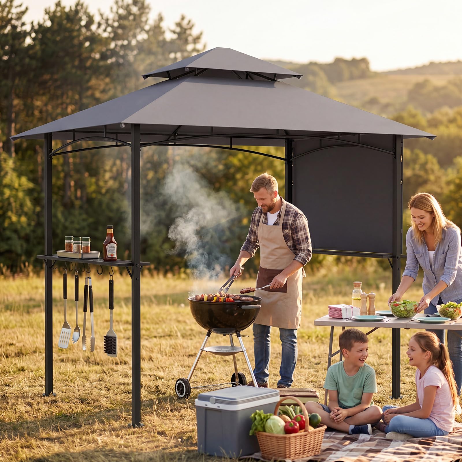 COSTWAY Gazebo per Barbecue 247 x 150 cm, Pergola per BBQ con Telo Laterale Retraibile, 2 Ripiani, 8 Ganci, Struttura in Metallo e Tetto a Doppio Strato per Feste, Barbecue e Picnic