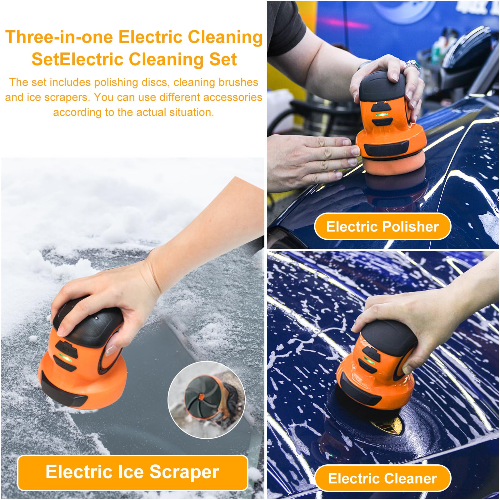 Grattoir à Glace Électrique 3 En 1 Apritsce Avec Brosse Et Disque Polissage - Batterie Rechargeable Pour Voiture