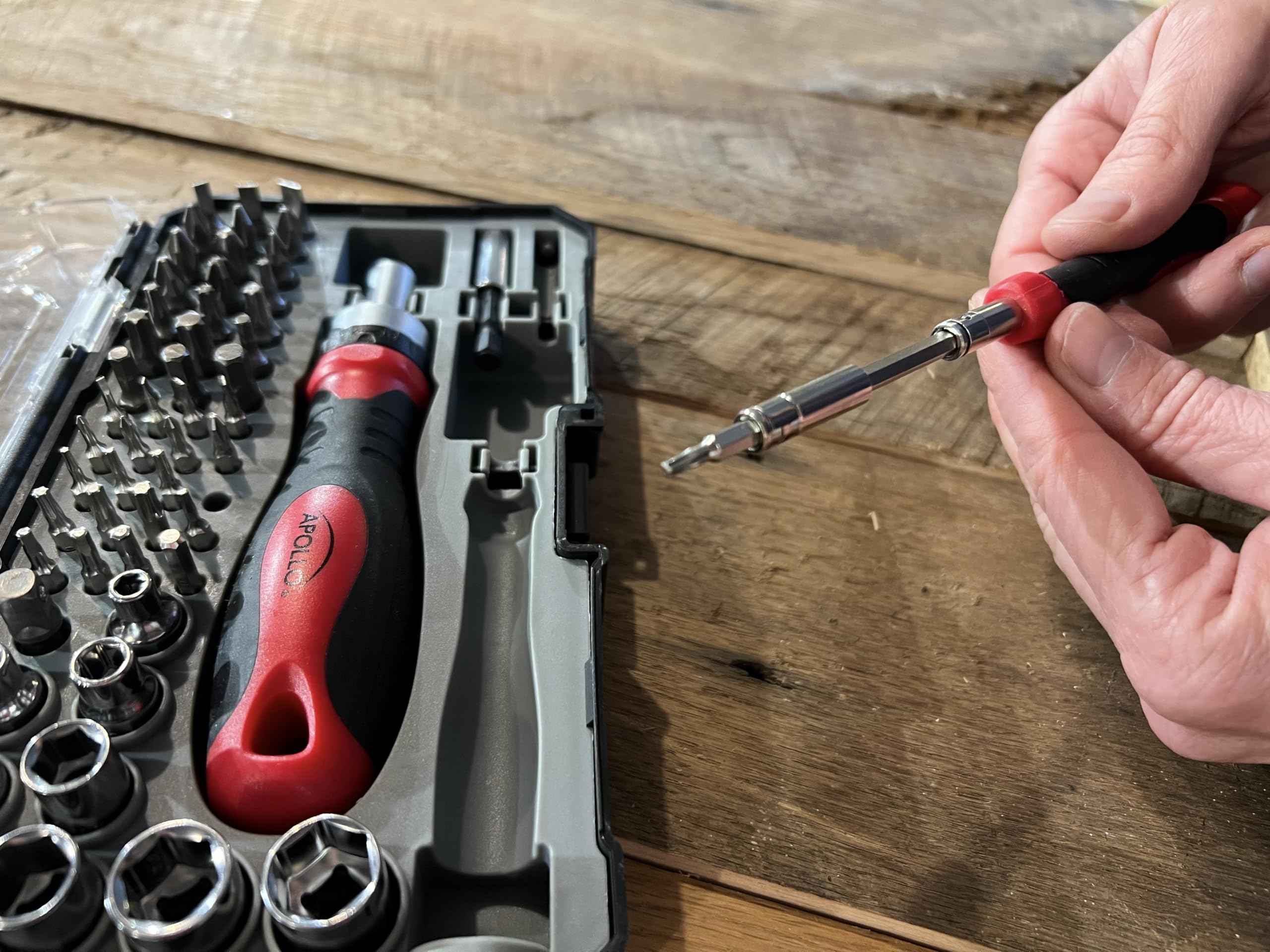 Apollo Tools Versatile 55-Piece Metric Tool Set with Ratcheting Bit Driver, Precision Bit Driver, Twenty-One Inch Bit, Precision Bit Handle and Bits and Socket Assortments in Clear-Lid Case- DT5024