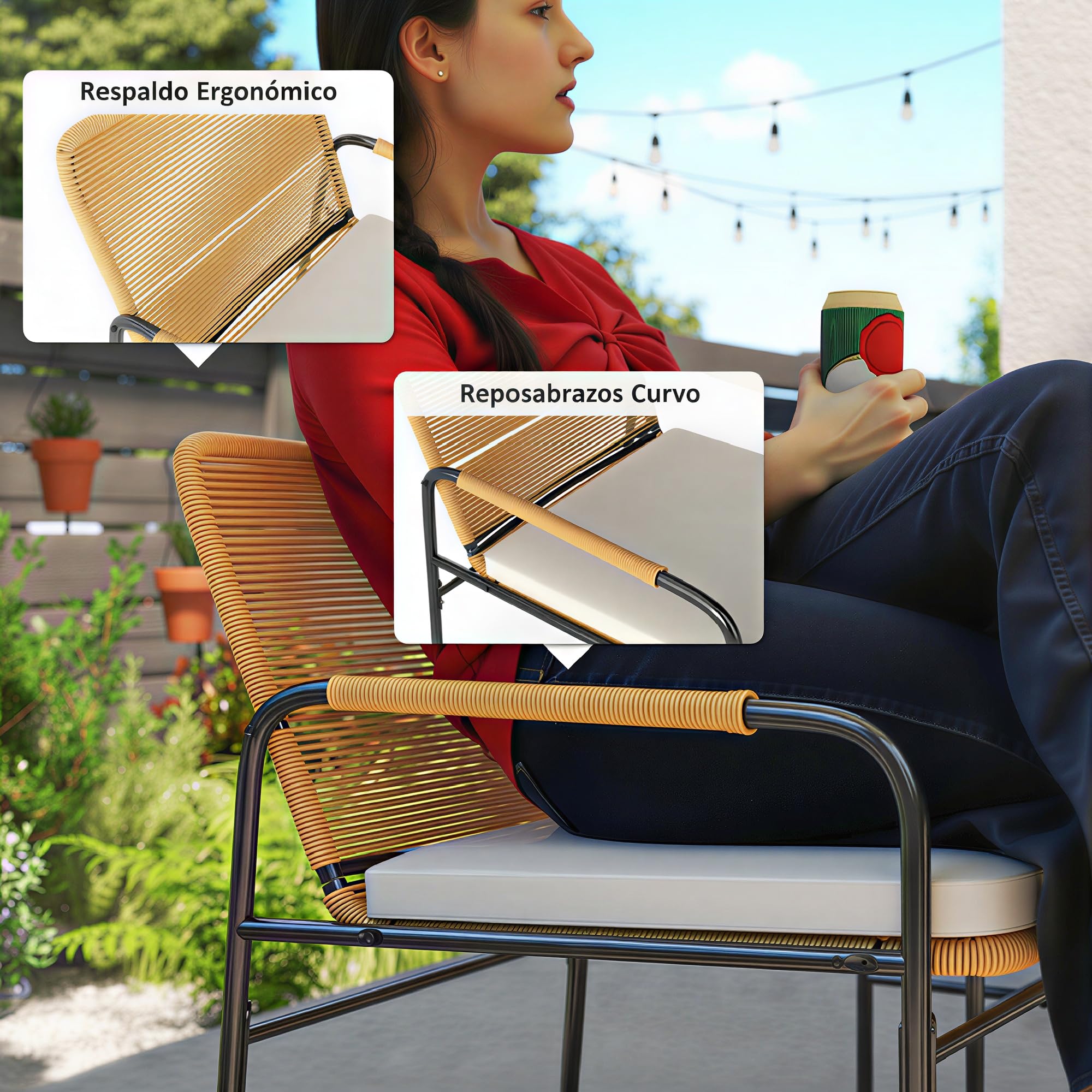 Outsunny Conjunto de Jardín Exterior de 3 Piezas Muebles de Jardín con 2 Sillas con Cojines Lavables Extraíbles y Mesa de Terraza con Tablero Metálico Resistente para Patio Balcón Natural y Crema