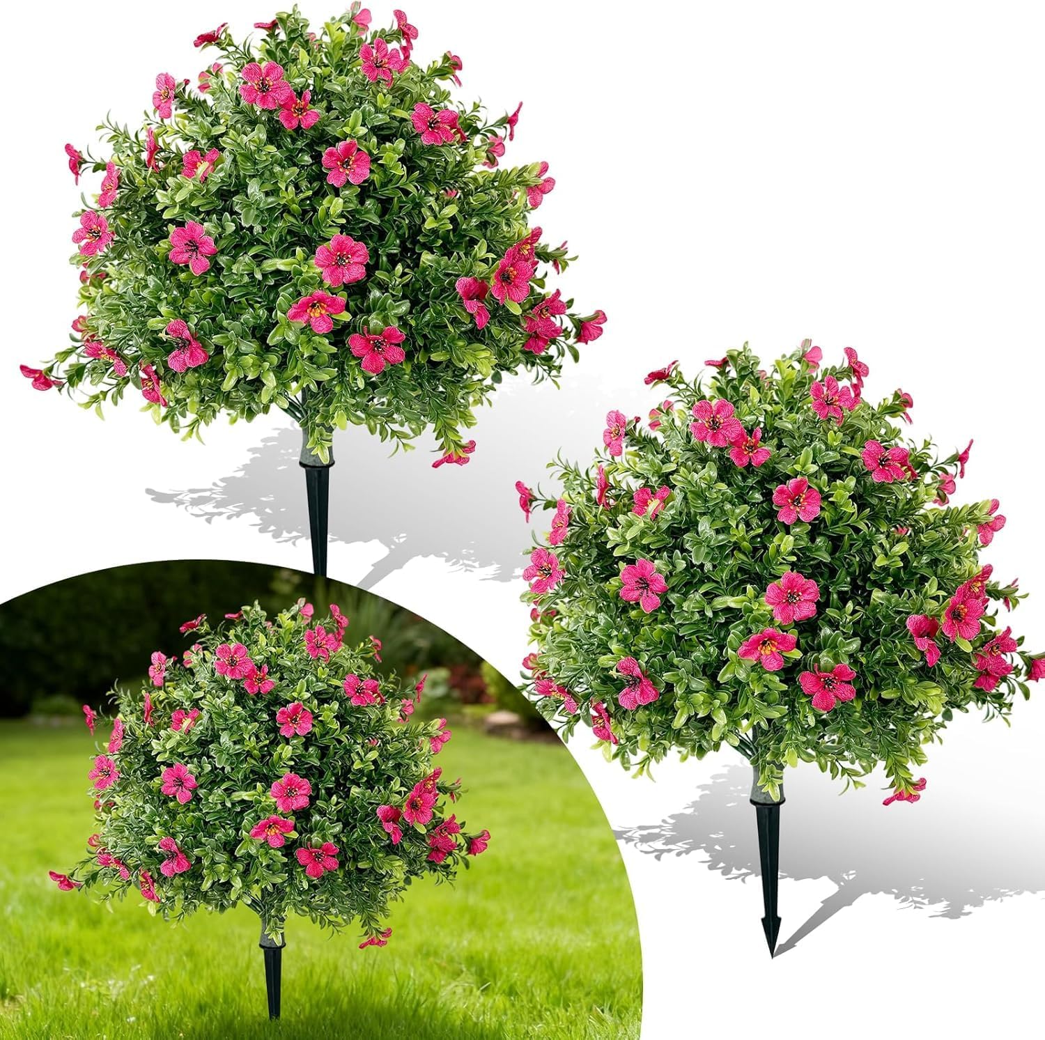 Aptliton Set of 2 Artificial Boxwood Topiary Ball Trees 60cm UV-Resistant Faux Shrubs with Pink Flower Accents Maintenance-Free Ground Spikes Indoor Outdoor Porch Patio Garden Decor, Pink