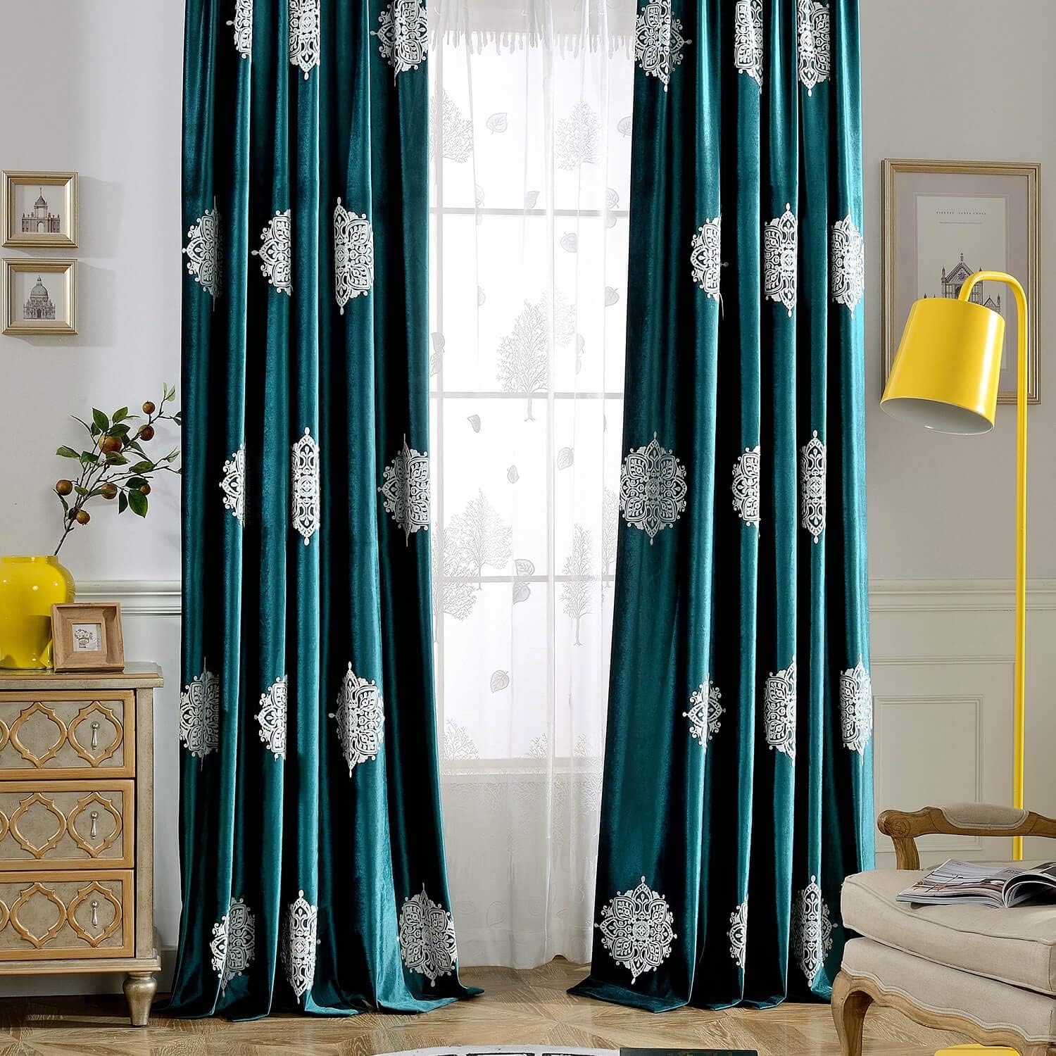VOGOL Dark Green Velvet Curtains, Floral Embroidered Thermal Insulated Grommet Drapes for Bedroom Living Room Window Treatment, 2 Pieces, 60 x 106 Inches
