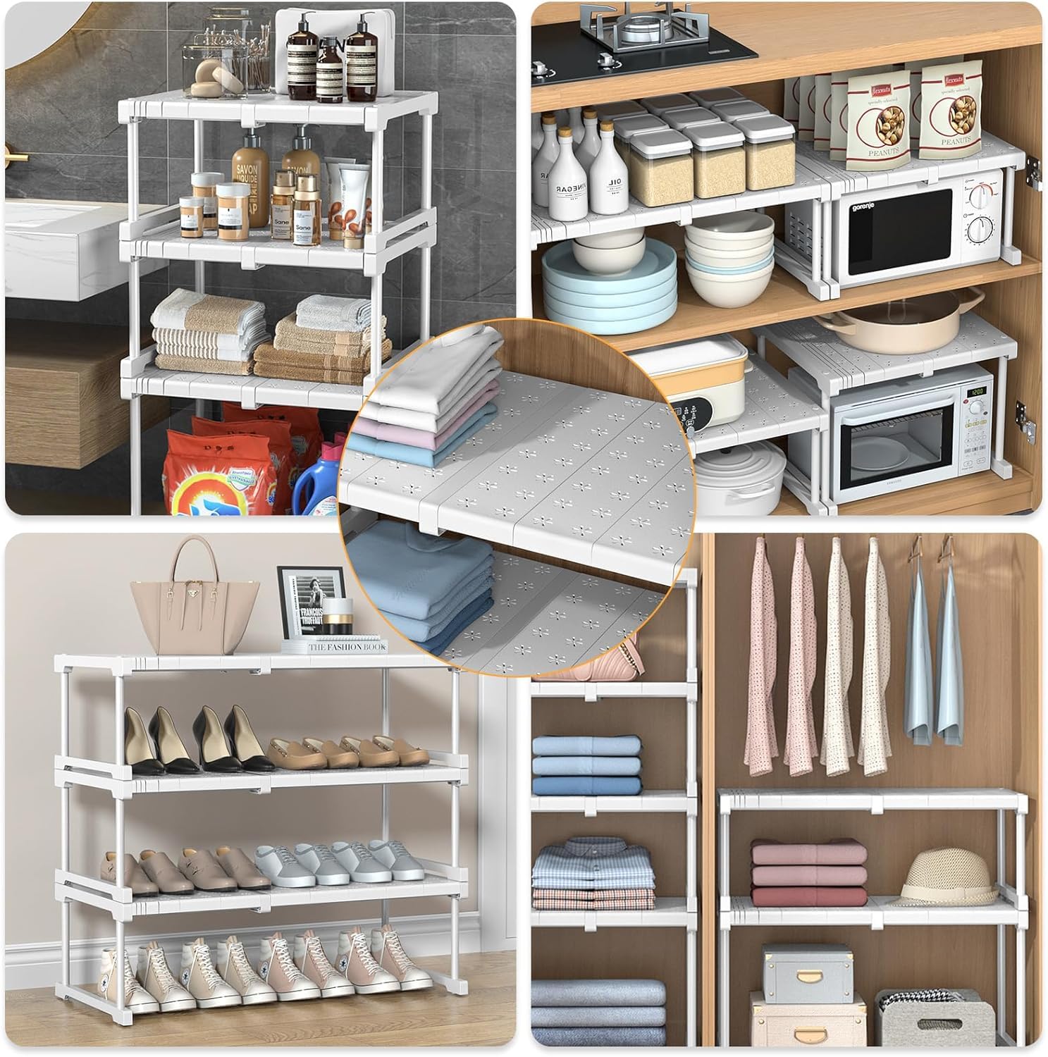 Estante de Armario Extensible, Ancho 42 cm, Alto 32 cm, Largo Ajustable 87-108 cm Gabinete Telescópicos Separador DIY Divisor para Armario, Cocina, Baño, Refrigerador, Bricolaje