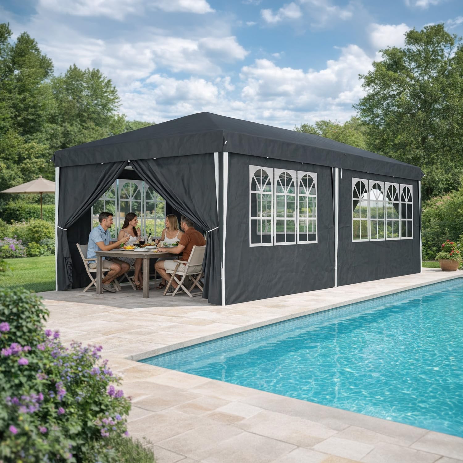 Gazebo Con Pareti Laterali Finestre E Porte Removibili Pieghevole Impermeabile Altezza Regolabile Struttura Pop Up Resistente In Metallo Pergolato Per Giardino Eventi Feste E Catering 3x6 Metri Nero