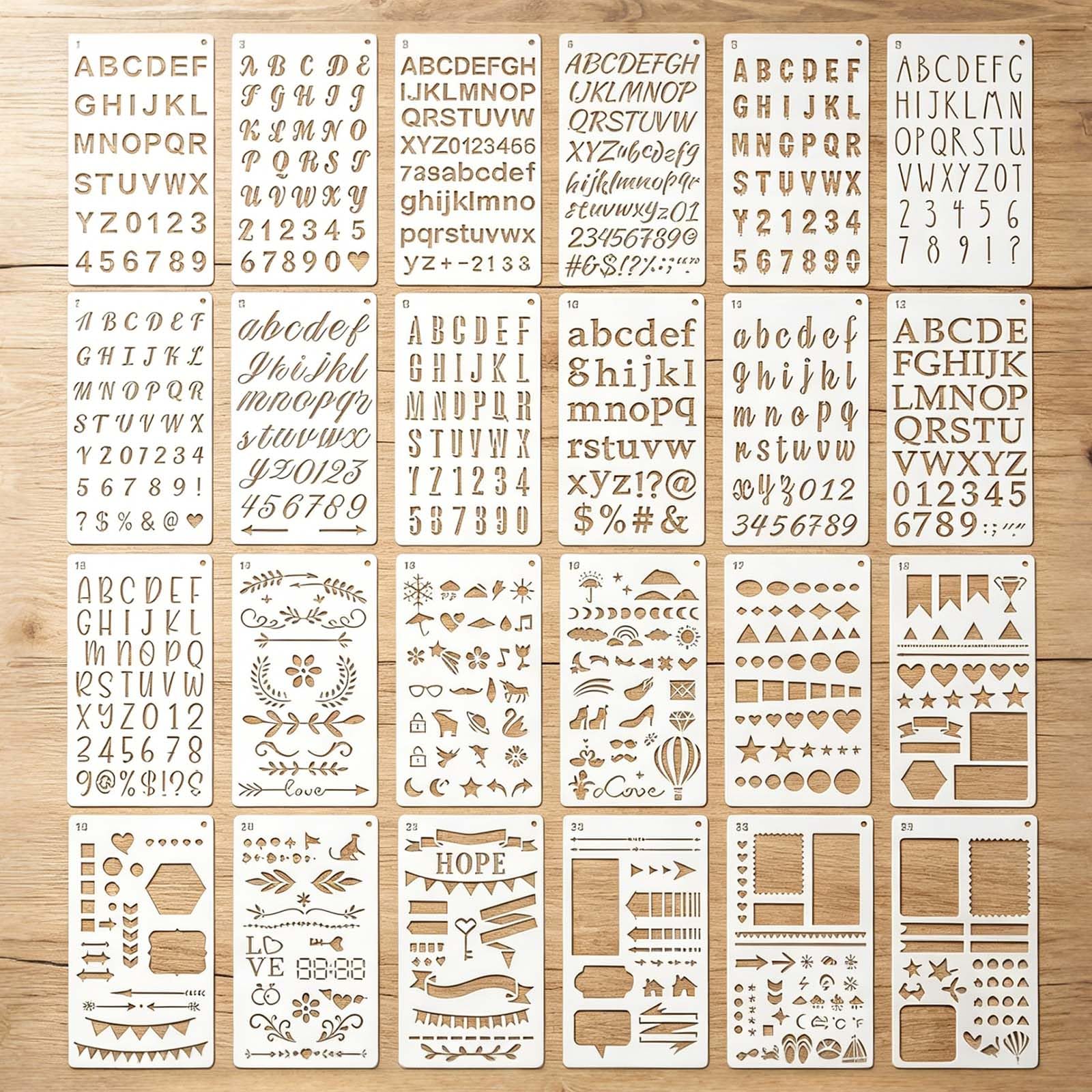 24Pcs Letter Stencils Set, 4x7 Inch Reusable PET Plastic Alphabet and Number Calligraphy Stencils for Painting, Crafts, Bullet Journaling, Wall Art, DIY Templates for Kids & Adults
