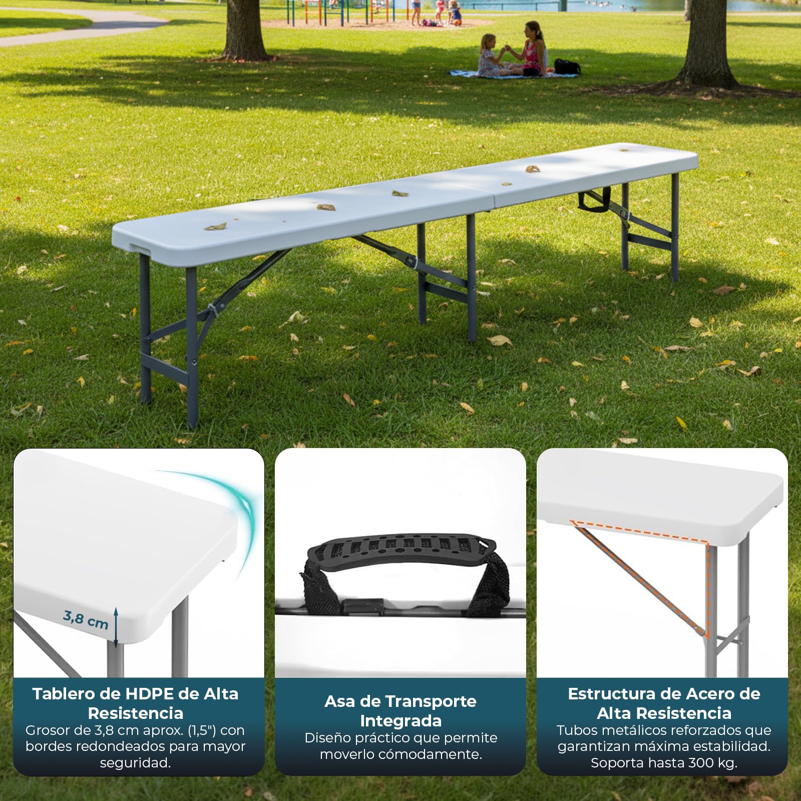 YOEVU Banco Plegable Portátil Multifuncional, Plástico HDPE, 183x28x43cm, Capacidad 300kg, para Jardín Exterior Camping y Patio, Moderno, Blanco