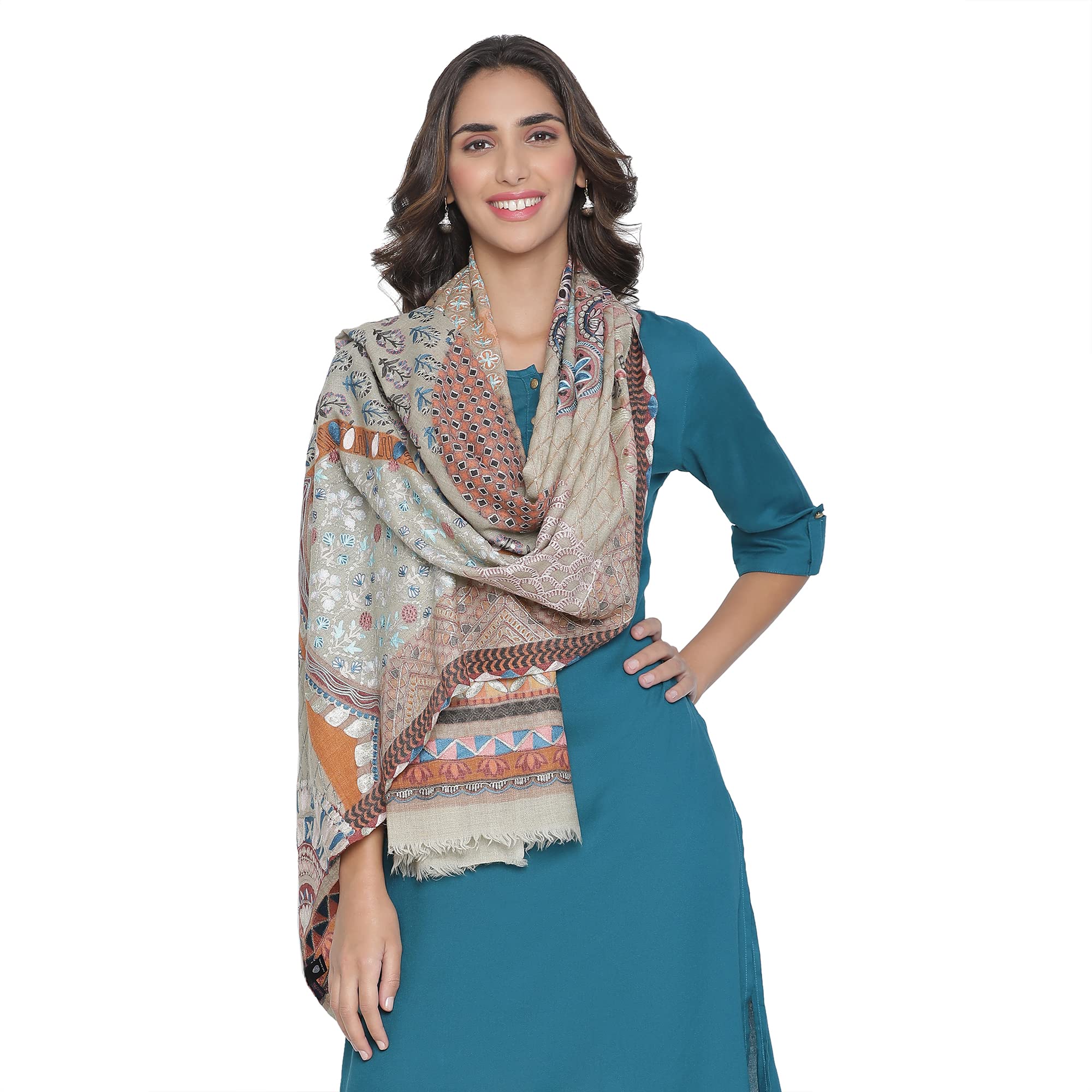 SHINGORA 100% Wool Embroidered Fringed Border Stole For Women