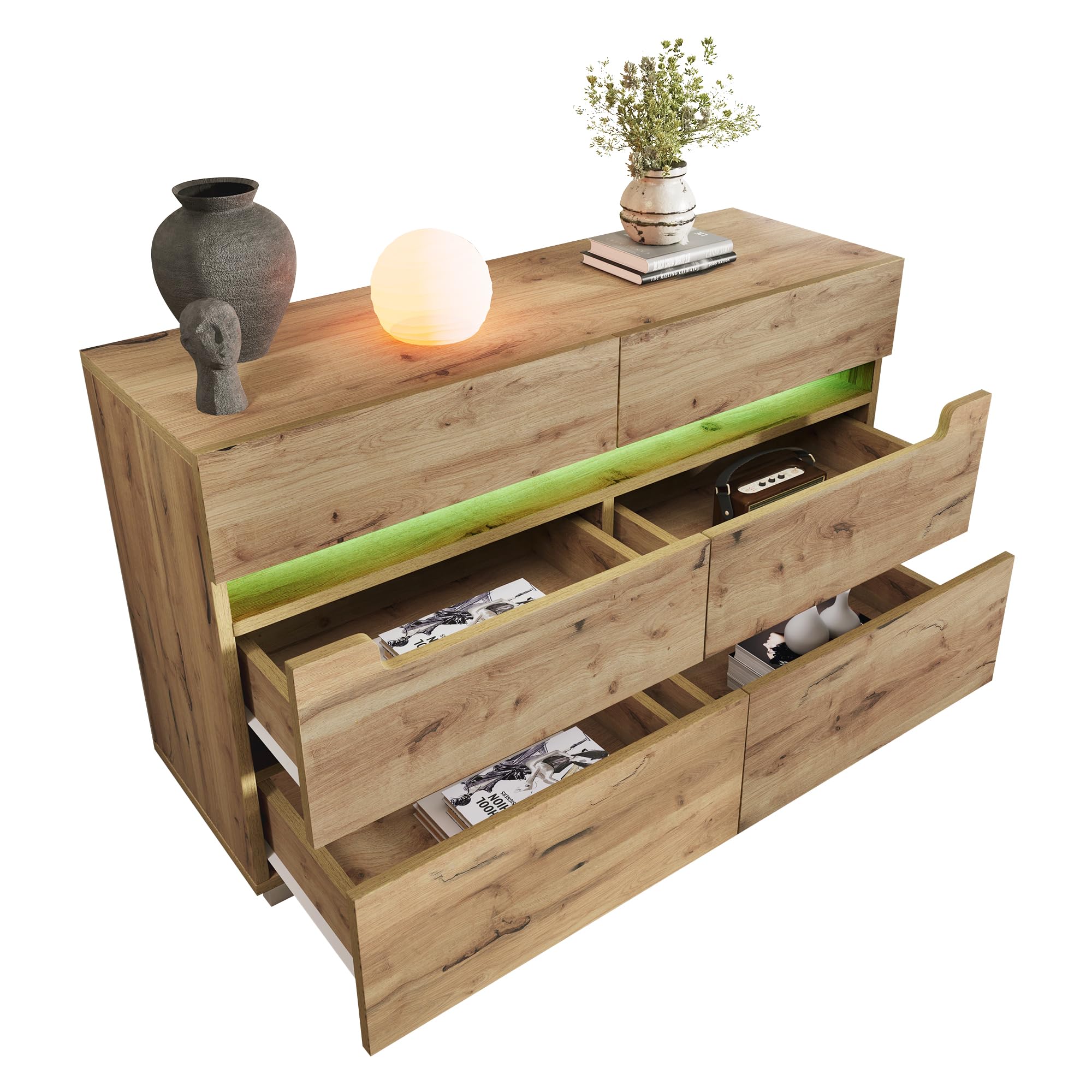 Buffet bois chêne 6 tiroirs à éclairage connecté pour salon chaleureux