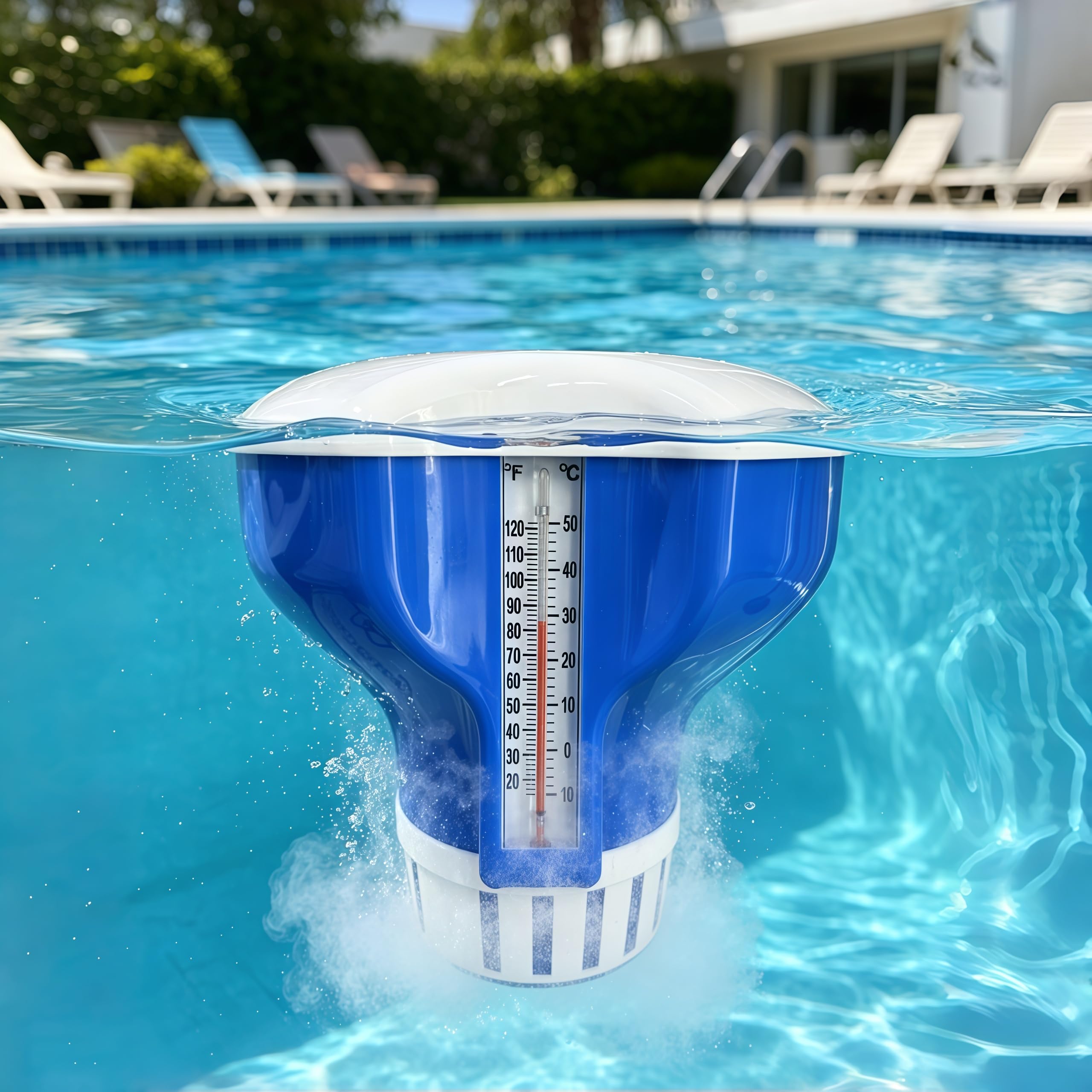 Flotador Dosificador para Piscina con Termómetro, Distribuidor de Pastillas de Cloro/Bromo 20-200g, Depósito Regulable de Cloro para Piscinas, Spas y Piscinas Infantiles