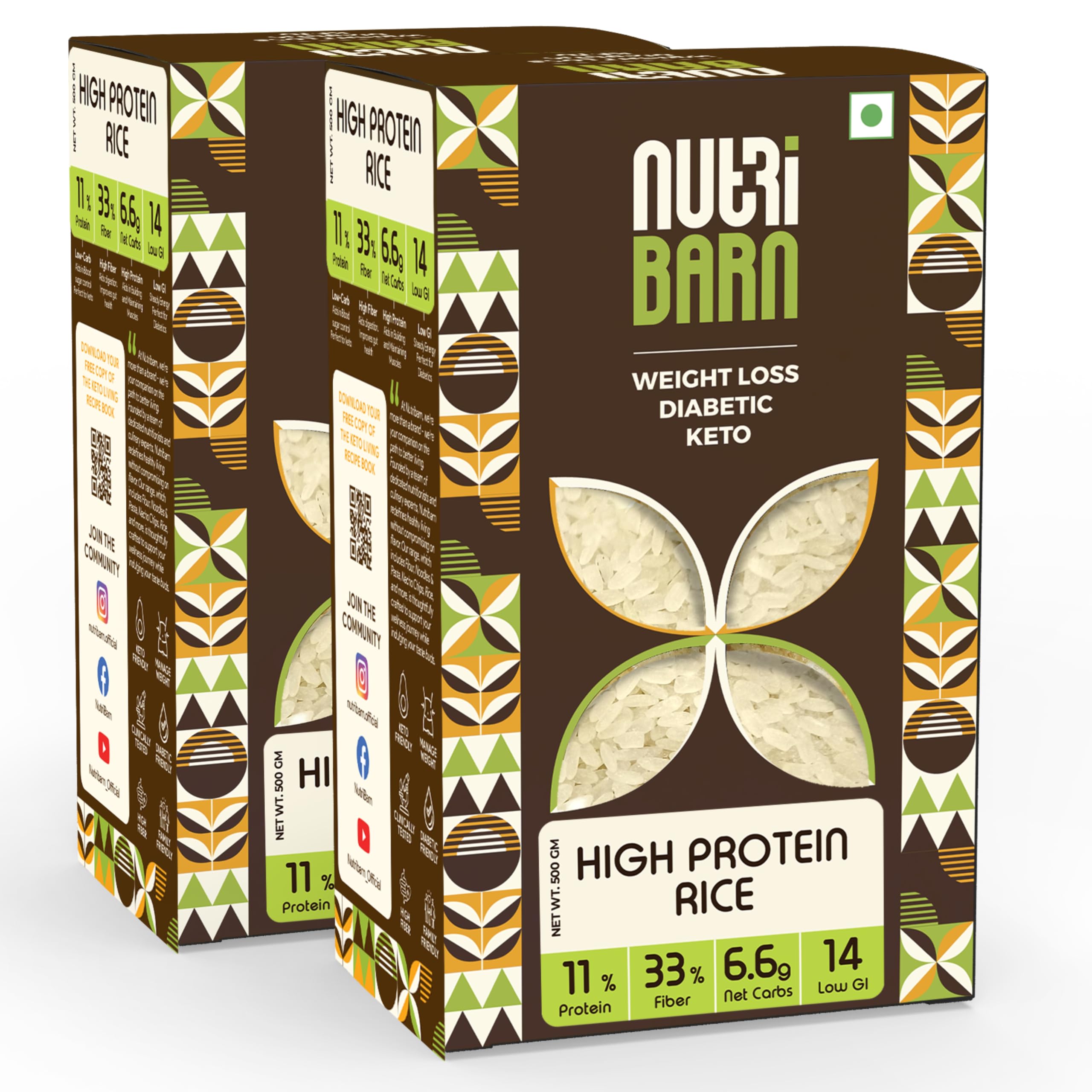 Nutribarn High Protein Low Carb Rice 1 Kg | 11% Protein | 6.6g Net Carbs | Lab Tested Low GI 14 | Diabetic Friendly, Weight Management High Fiber Rice | 500g (Pack of 2)
