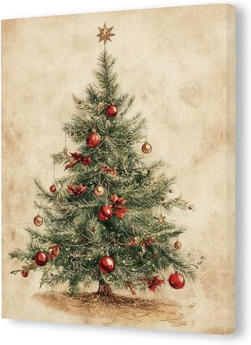 Pugwak Lienzo decorativo para pared con árbol de Navidad vintage, decoración de pared retro con texto en inglés Merry Christmas, lienzo enmarcado,