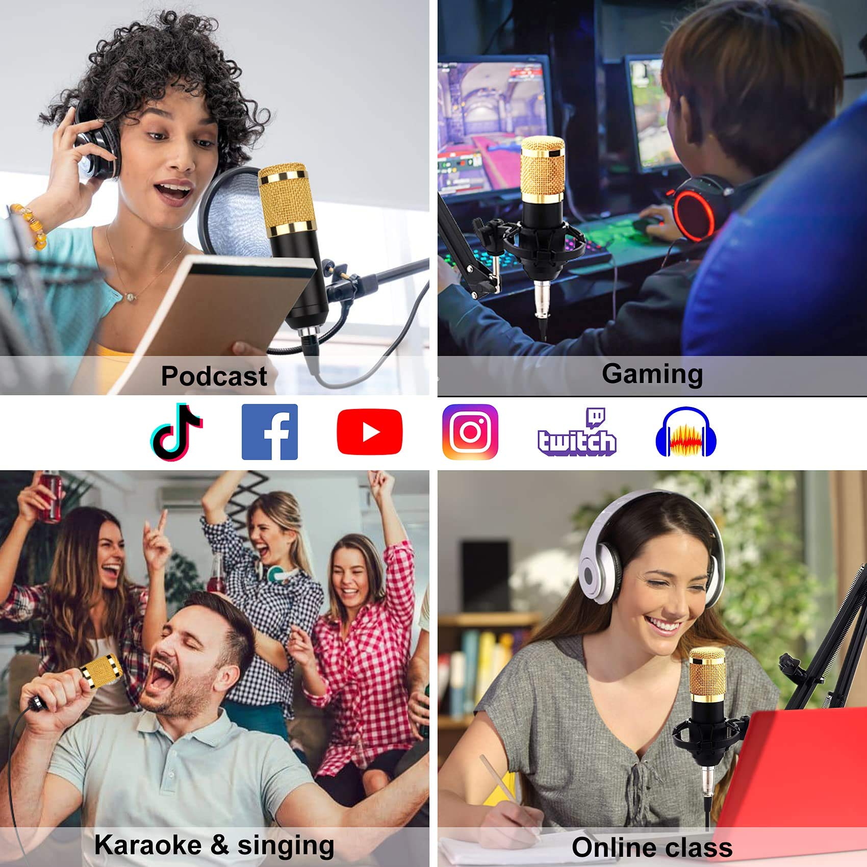 MRKU Kit Microfono a condensatore, Set Scheda Audio, con Supporto Regolabile, Supporto Antiurto e Filtro Anti-Pop a Doppio Strato, per la Registrazione