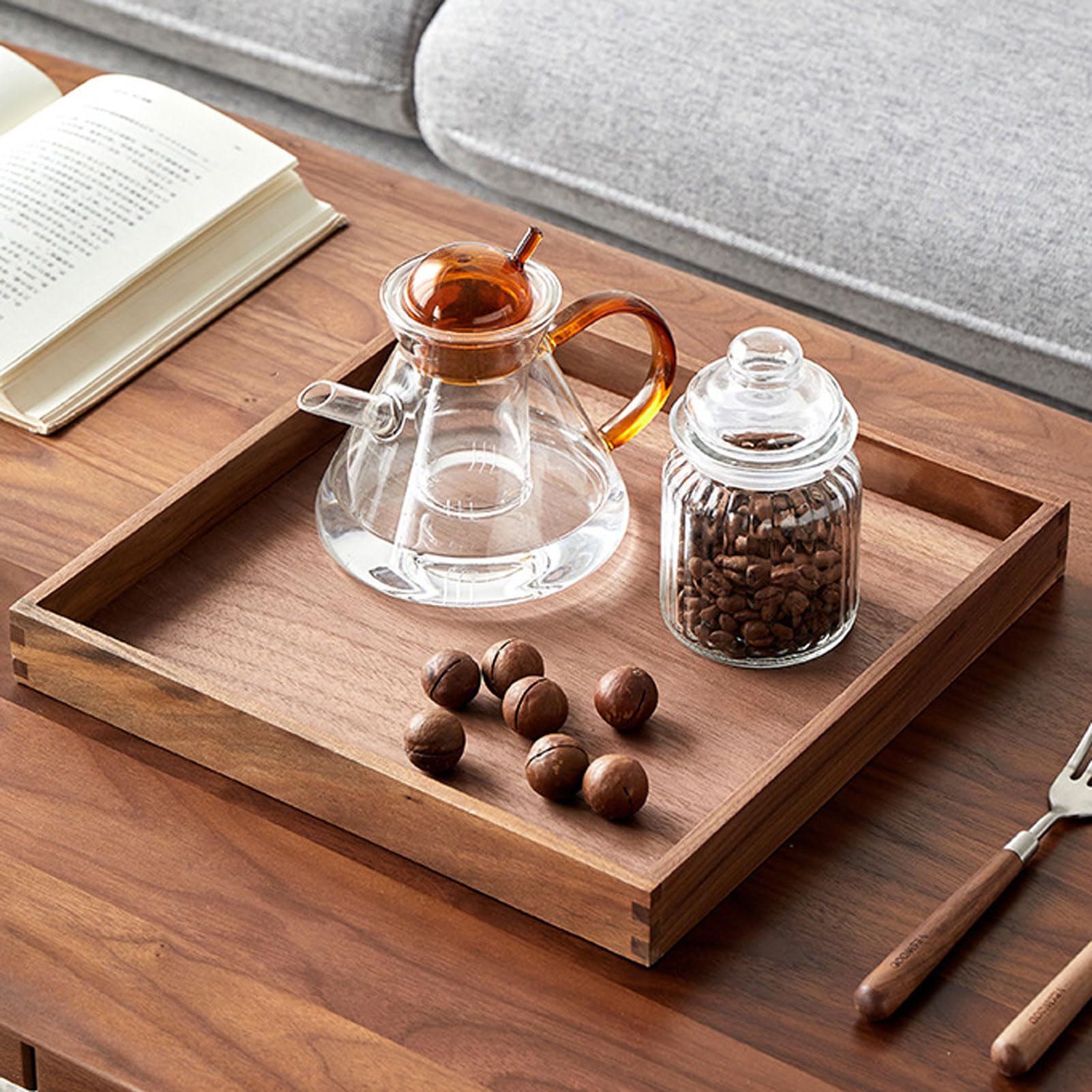 HUHJYUGE Bandeja Madera Rectangular Rustica, Bandeja de Madera con Asas, Bandeja de Madera para Servir Comida, Bandeja de Cocina para Desayuno, Bebidas, Aperitivos (Square/30cm)