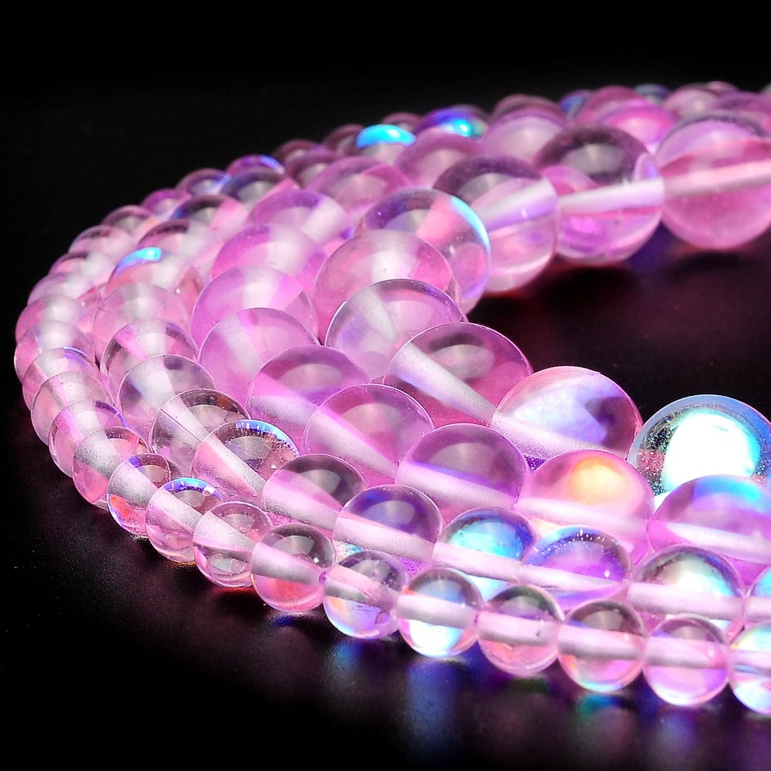 RUBYCA Round Moonstone Crystal Glass Beads Aura Iridescent for Jewelry Making (1 Strand, 6mm, Pink)