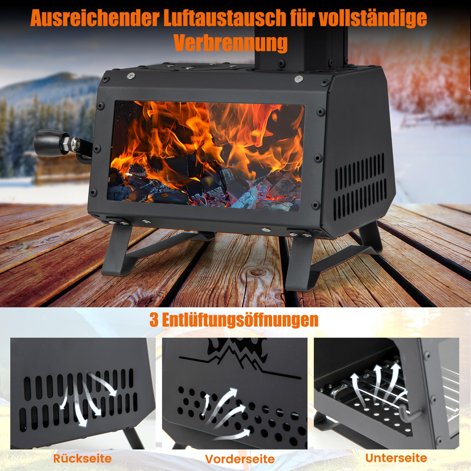 GYMAX Holzofen, tragbarer Raketenofen mit Sichtfenster, Zeltofen mit 2 Kochflächen & Aschepfanne für Garten & Camping