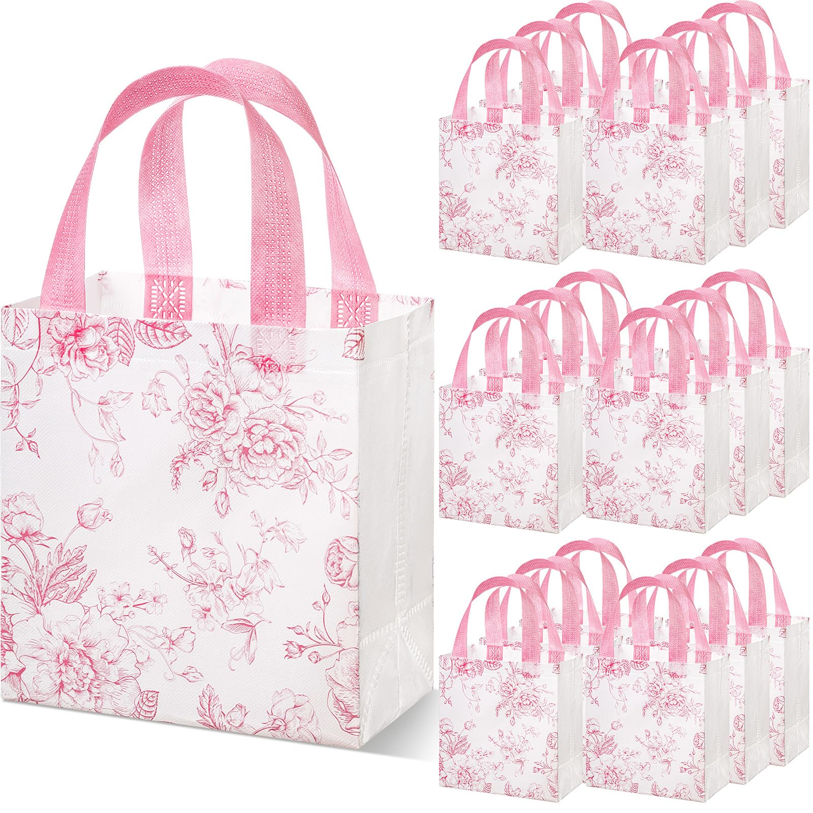 Sweetude 16 Pcs Mother's Day Pink Floral Gift Bags with Handle Flower Non-woven Reusable Tote Bags for Wedding Birthday Baby Shower Party Favor Easter
