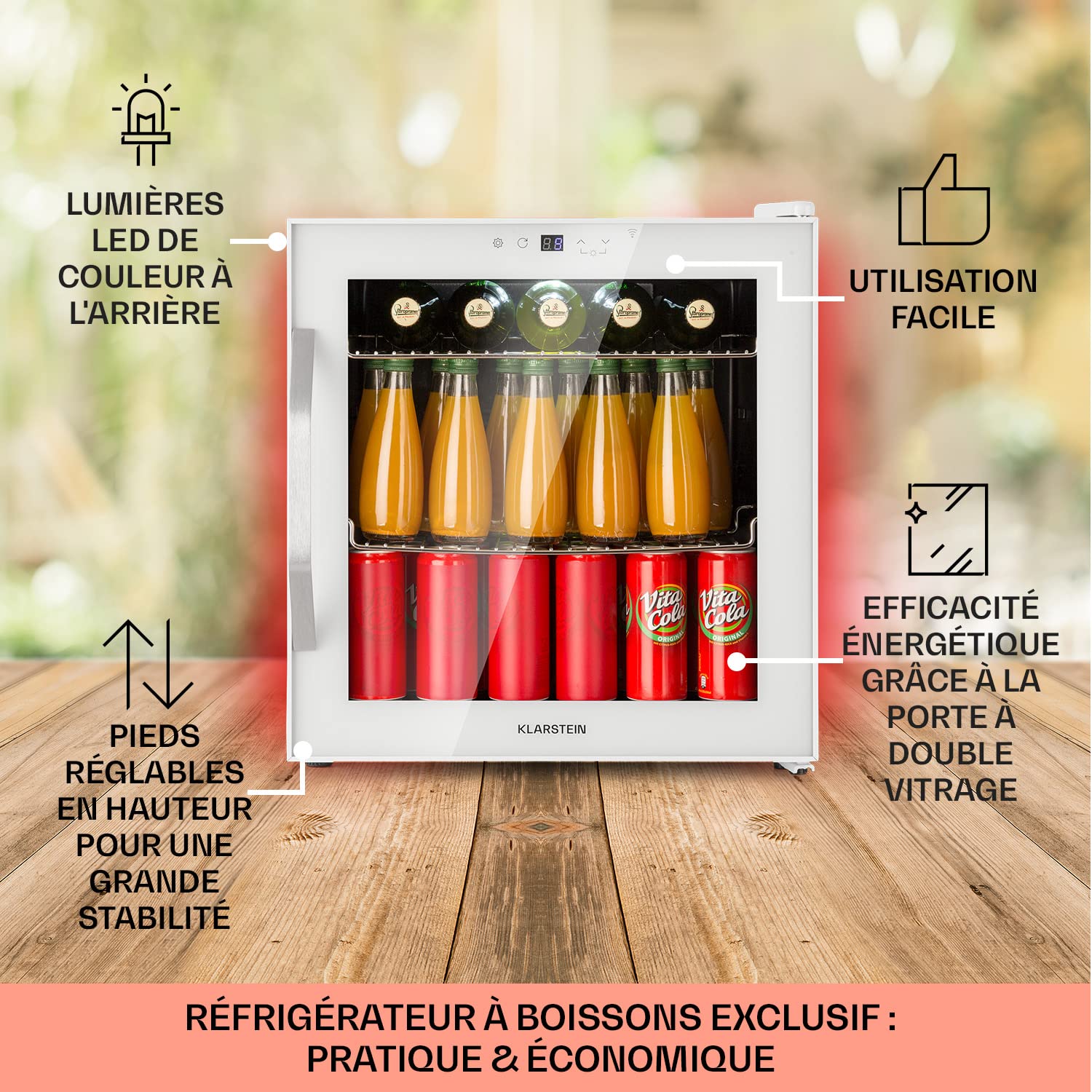 KLARSTEIN Mini Frigo de Chambre de 47L pour Boissons et Bieres, Petit Frigo Silencieux, Mini Bar Intérieur/Ext, Petit Refrigérateur Camping, Stockage de Vins et Boisssons, Étagères Amovibles, 5-18°C