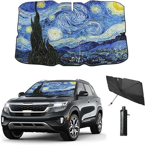 Coricha Parasol para parabrisas de automóvil, Brella Shield Van Gogh, cielo estrellado de 57 x 31 pulgadas, parasol para ventana delantera, parasol