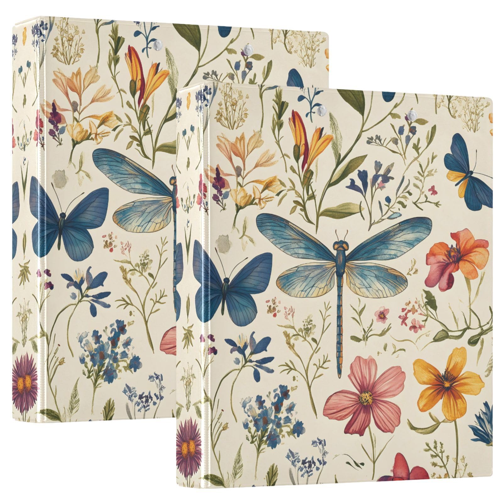 Confezione da 2 raccoglitori a 3 anelli, stile vintage botanico, libellula, 3,8 cm, con 3 tasche trasparenti, portablocco e contiene 200 fogli, per ufficio, scuola, organizzazione della casa