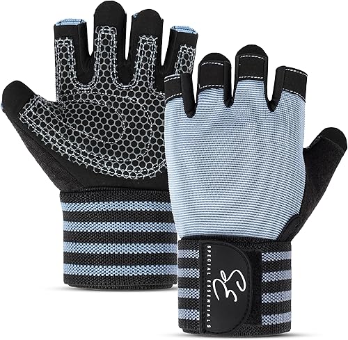 Special Essentials Guantes de gimnasio de entrenamiento para hombres y mujeres, guantes de ejercicio sin dedos con acolchado antideslizante y correa