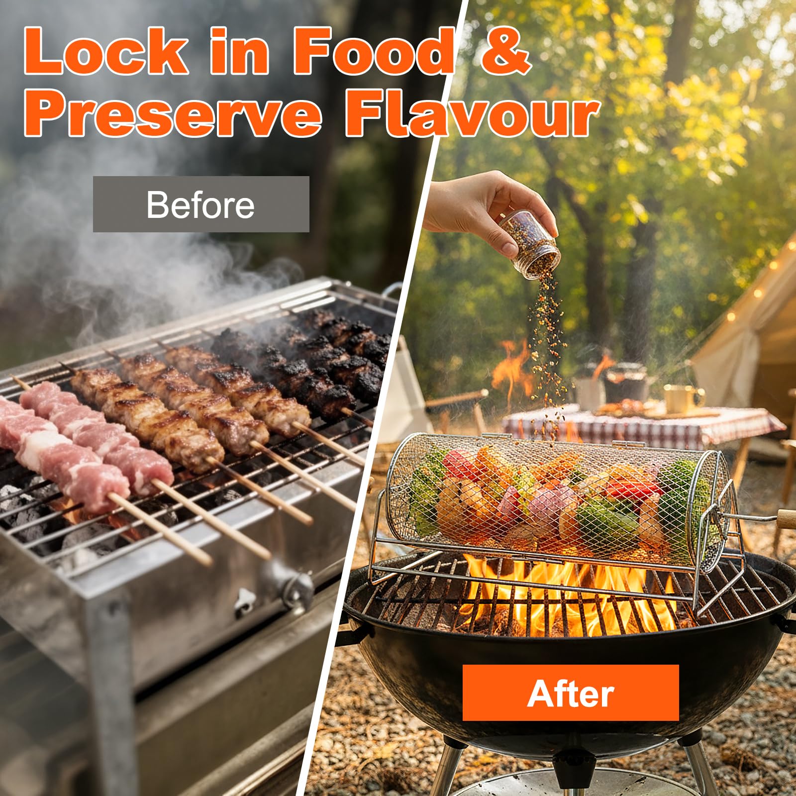Cestino per Barbecue Girevole, Acciaio Inossidabile 304, Manico in Legno Rimovibile, Cestello per Griglia Impilabile, Accessori BBQ per Verdure,Frutti Mare,Campeggio, Regalo per Papà, Uomini