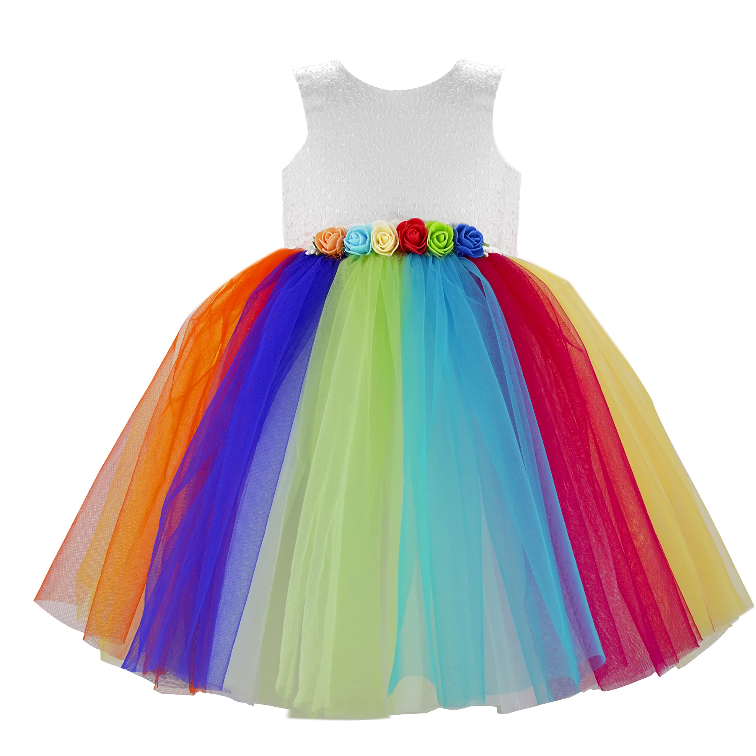 Baby Girls Knee Length Birthday Frocks Net Flared Ruffle Pattern Sleeveless Colourful Flower Frock Dress Embroidery Fancy Dress for Girls Birthday Gift for Daughter