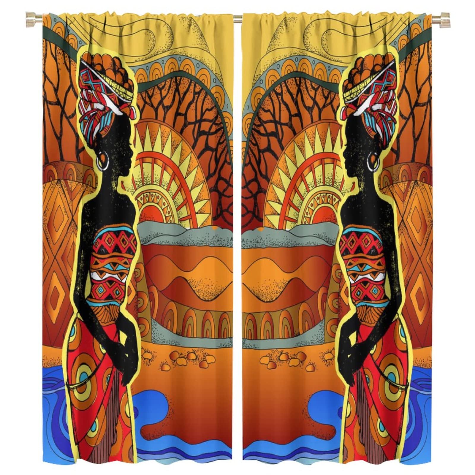 JESTRONRY African Women Bedroom Curtains,Southern Landscape Hand Drawn Black Woman Tribal Ethnic Print Pattern Rod Pocket Window Drapes for Living Room Kitchen Bathroom Decor W55xL63in