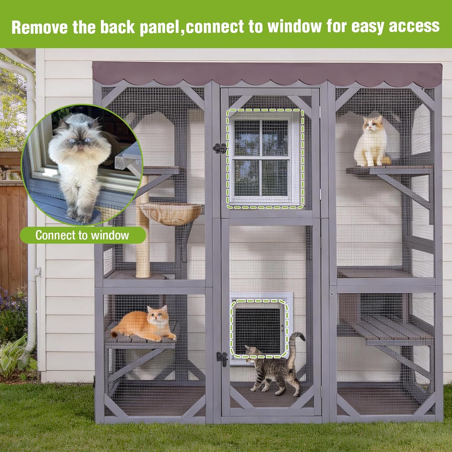 Large Outdoor Catio Cat Enclosure, Wooden Cat House with UV & Water Resistant Roof, Scratching Post & Hammock, Outside Cat Playpen for Multiple Cats, Grey