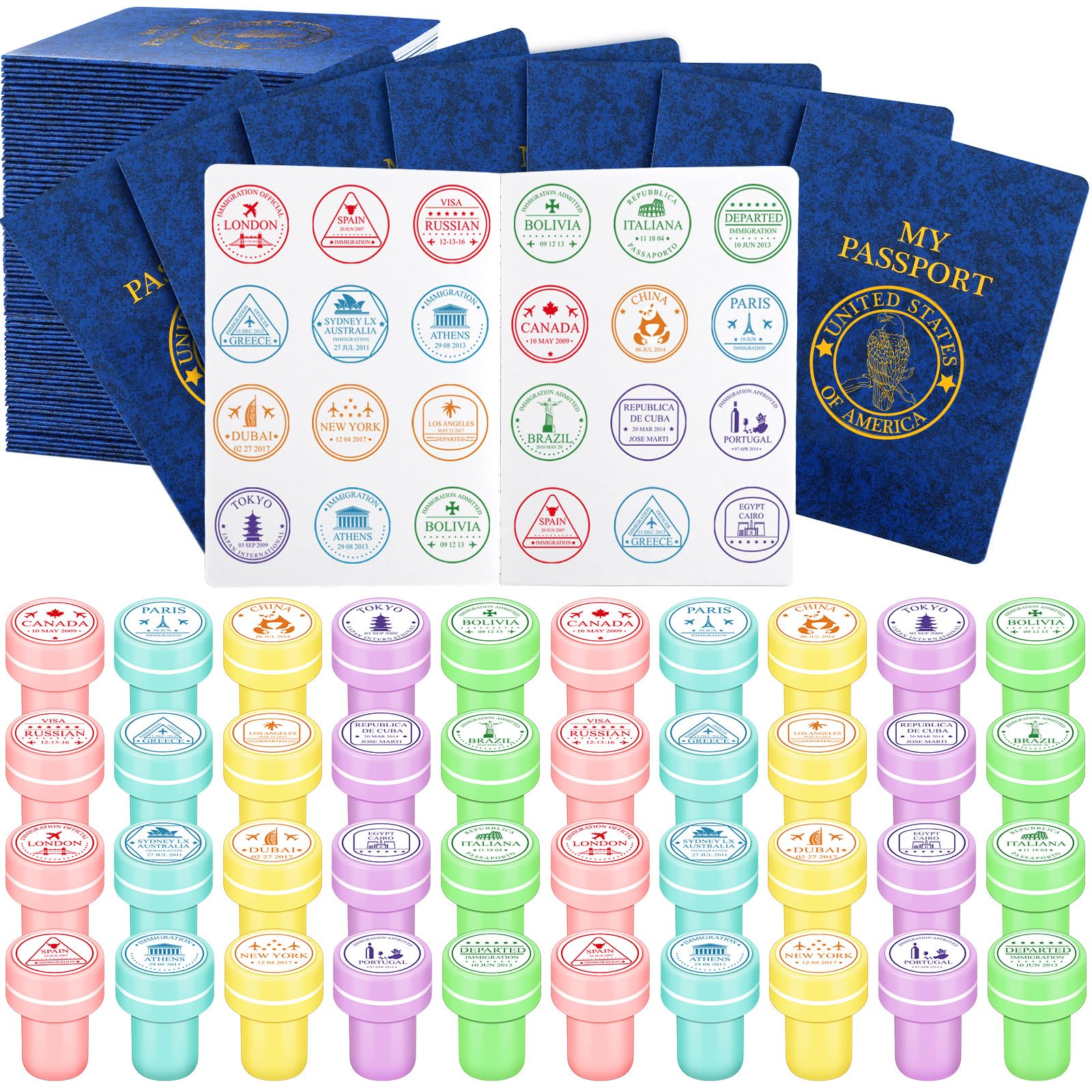 Leitee Passport Stampers Set for Kids 80 Pack Travel Passport Stampers 40 Pack Fake Blank Books for School Travel Party Favors Goodie Bag Prizes Christmas Box Gift Stocking Stuffers(Eagle)