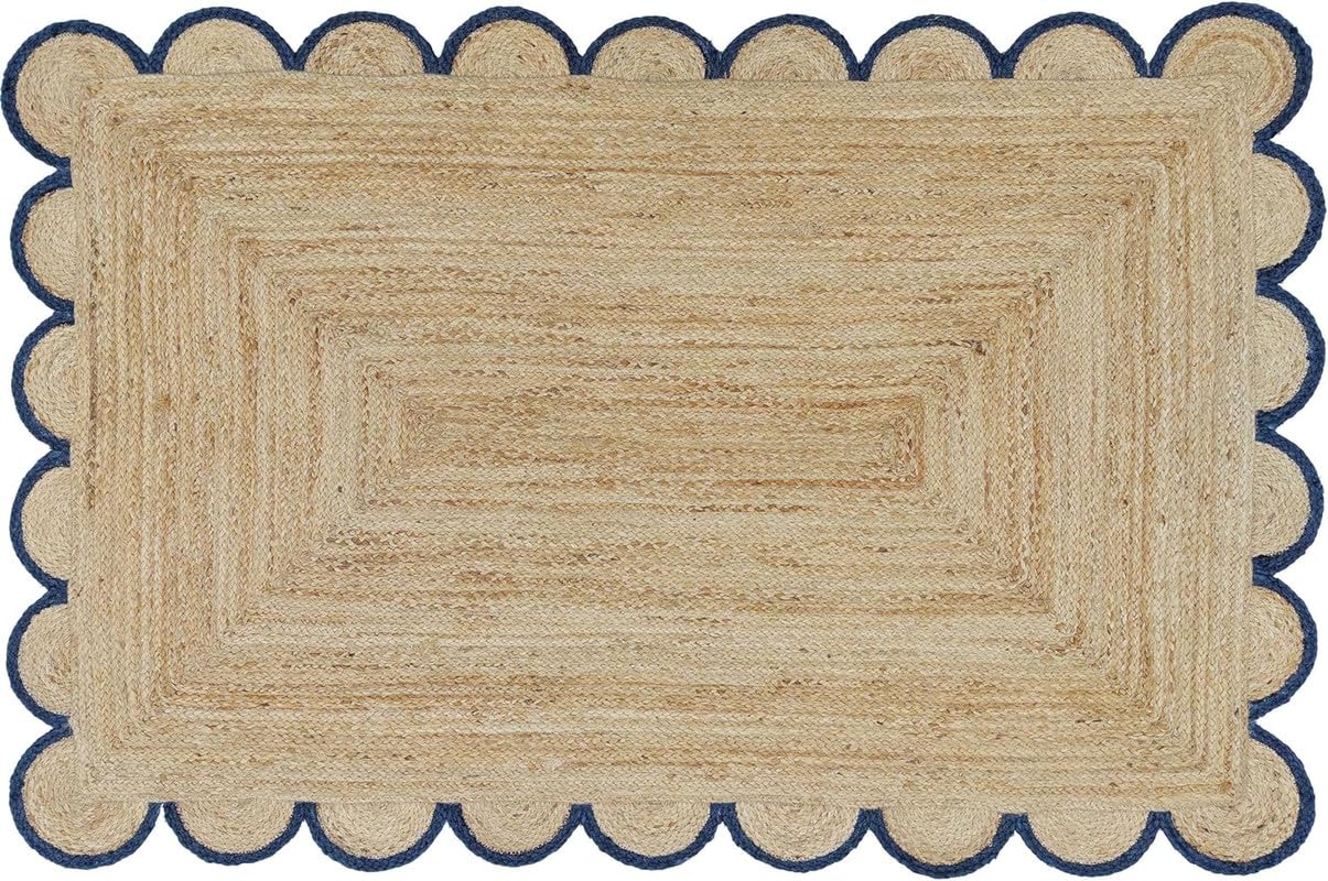 Tapis en jute festonné naturel fabriqué à la main pour salon, chambre à coucher, entrée, salle à manger | Tapis de sol rustique durable | Décoration d'intérieur bohème – Bordure bleu marine
