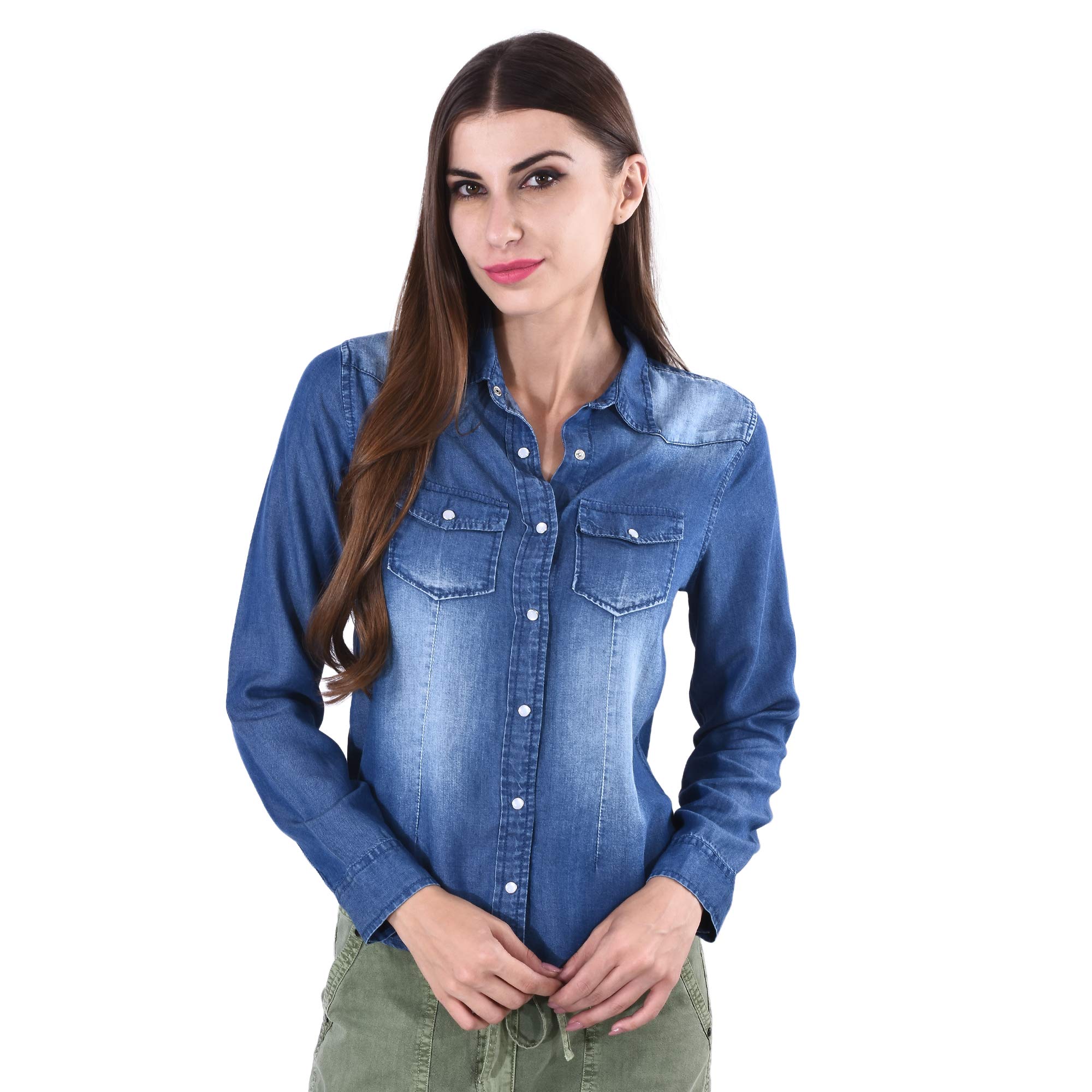 selfys Women Cotton Denim Shirt with Pockets, Full Sleeves with V Neck Collar Shirts for Girls, Stylish Casual Jacket for Girl/Ladies, Winter Wear Western Jackets, Comfortable for Everyday Use-picture-13