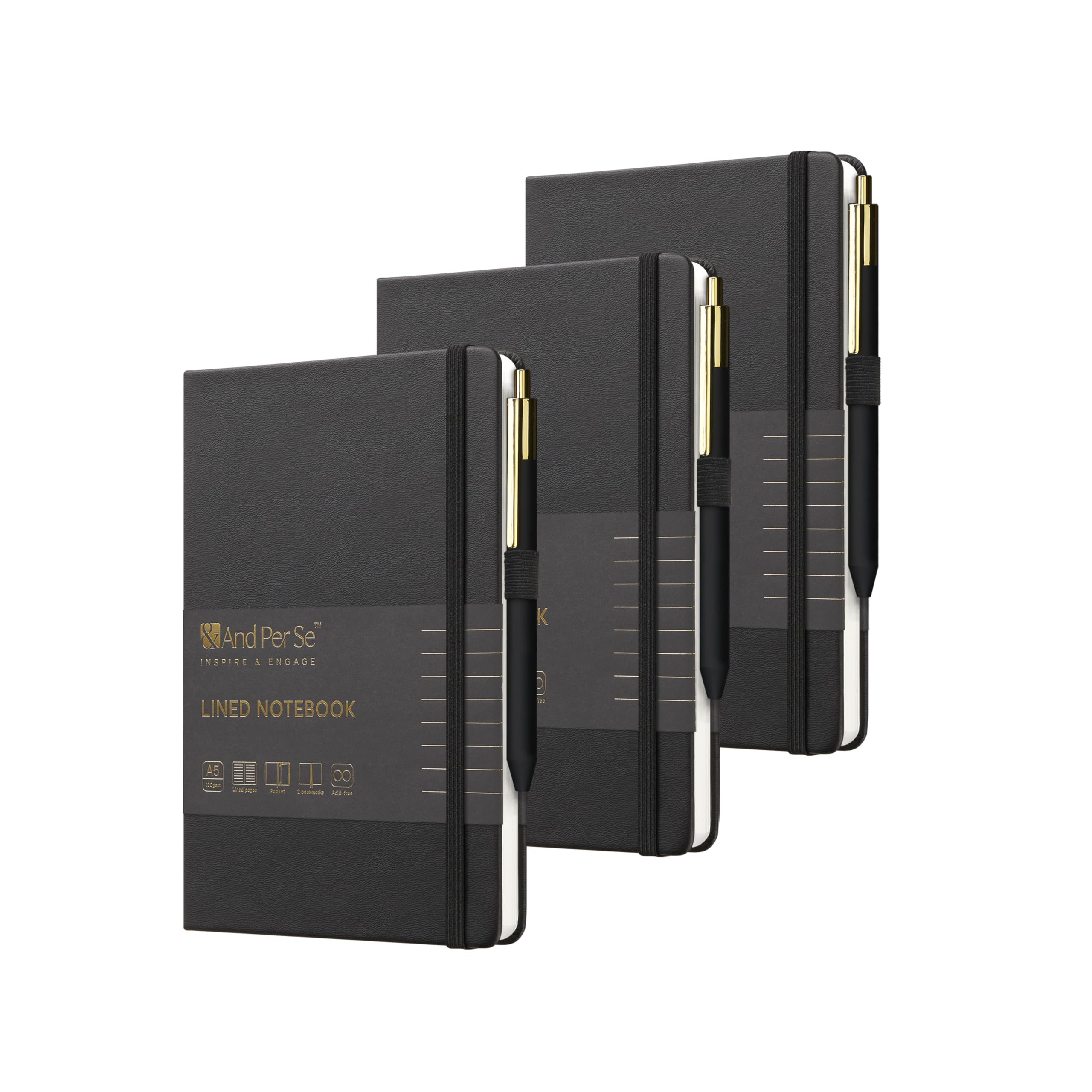 A5 Lined Leather Journal and Pen Set (3 packs), Hardcover Notebook with Pen, 160 Pages 100gsm Thick Ruled Paper for Men Women, for Work, Business, School or Home Writing, 5.7'' x 8'' (Black) — image 1