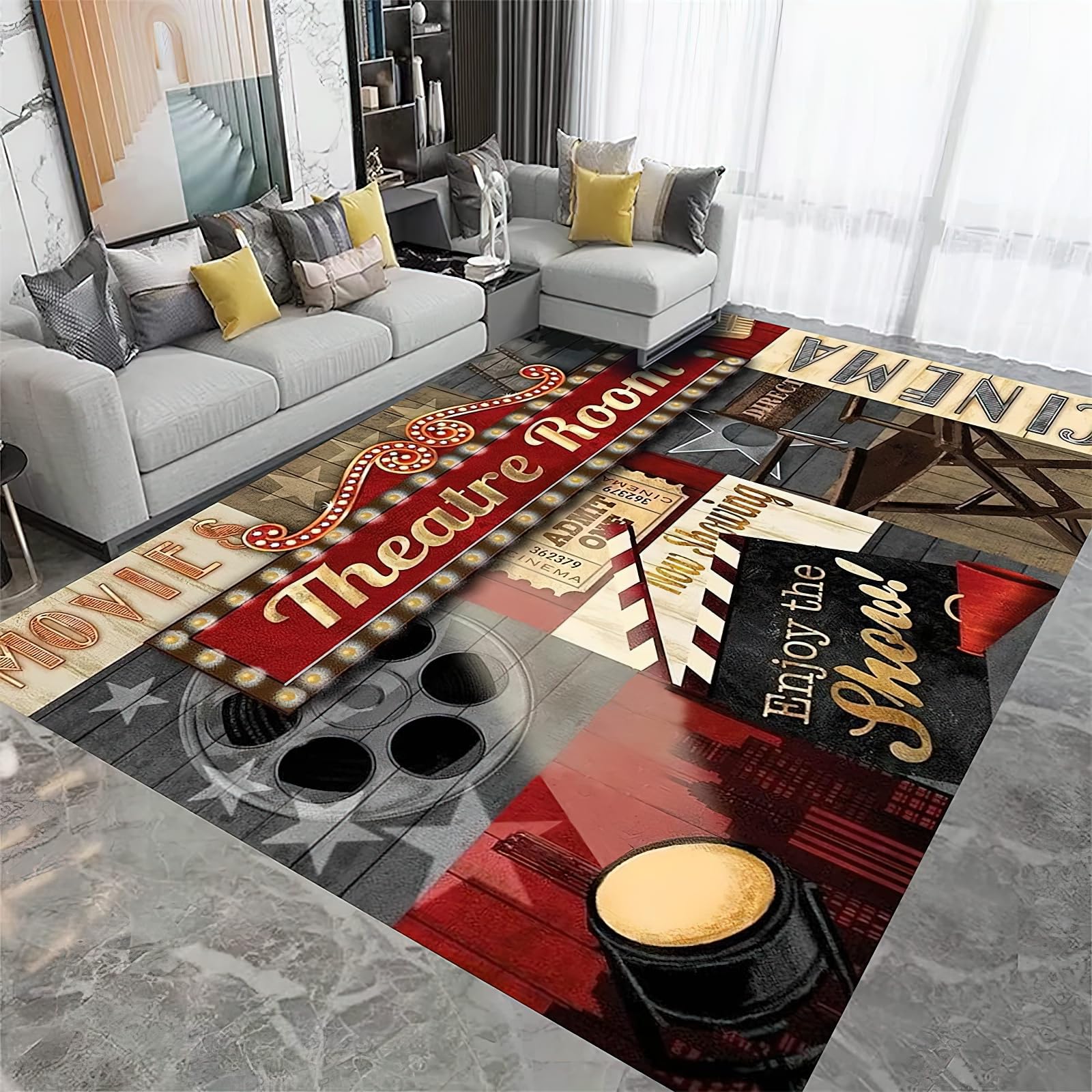 Retro Movies Area Rug, Cinema Home Theater Non Slip Easy Care Bedroom Rugs, Breathable Durable Carpet for Indoor Study Living Room Office Decor Rug -
