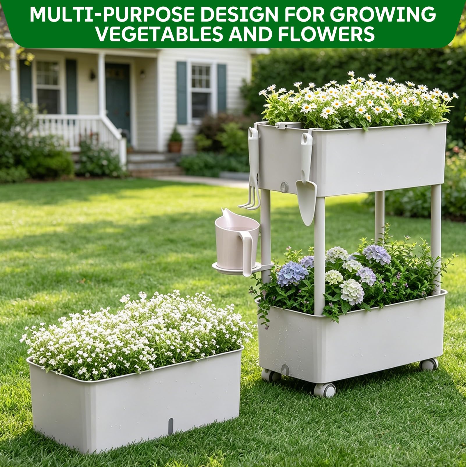 Jardinière surélevée avec roues - Jardinière à 3 étages - En plastique | 118,5 x 46,6 x 25,5 cm, étagère, jardinière avec crochet et roulettes, pour balcon, jardin, terrasse