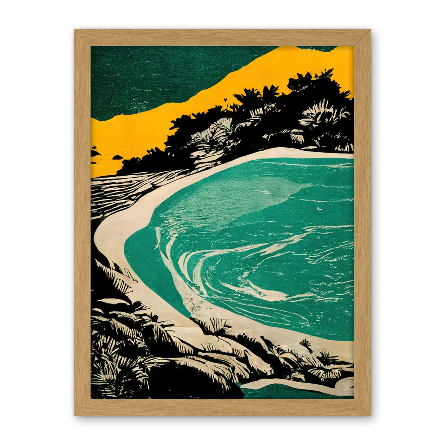 Wee Blue Coo Beach Lagoon Abstract Marbled Seascape Mustard Teal Artwork Framed Wall Art Print 18X24 Inch