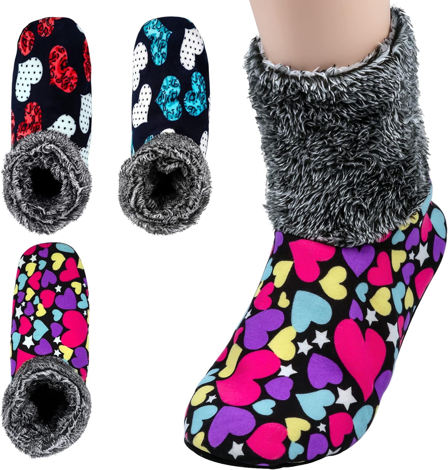 3-5 Pairs, Womens Warm Fuzzy Socks, Non Slip Grip, Stretch Velvet Slippers in Gift Box for Hospital & Nursing Home