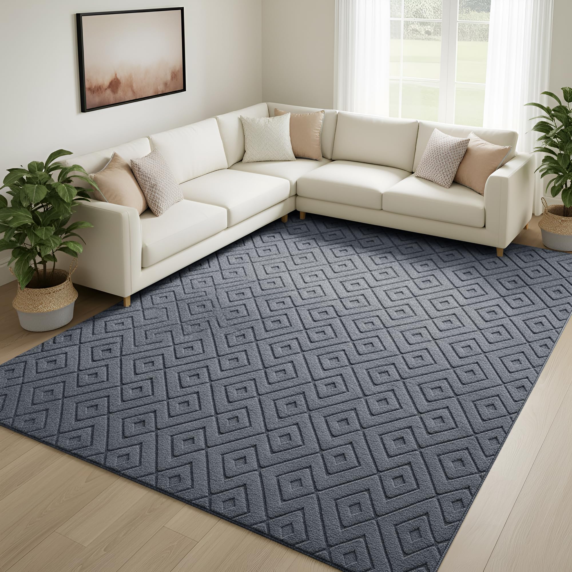 Aspire Homeware Rugs Living Room Large 160x230 cm – 100% Polyester Machine Washable Grey Rugs For Bedroom Anti Slip Bedside Carpet, Modern Hollow Square High Low Pile Rug For Kids Room Non Shedding
