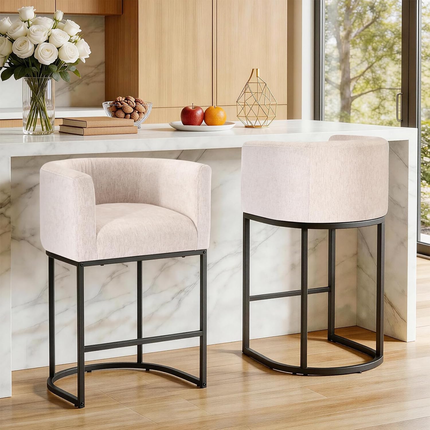 DUMOS Barrel Bar Stools Set of 2, Modern Counter Height Barstools with Linen Fabric Upholstered Seat, 350lbs Capacity Kitchen Island Chair, Bar Stools with Metal Sled Base and Footrest, Oatmeal
