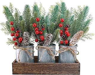 Winlyn Christmas Farmhouse Centerpiece Rustic Wood Tray 3 Galvanized Pot...
