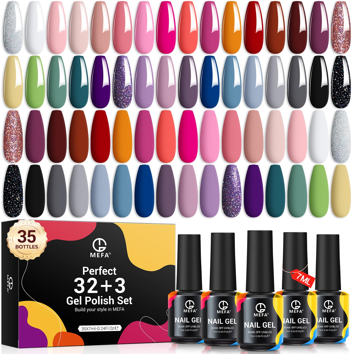 MEFA 35 Pcs Gel Nail Polish Set, 32 Colors All Seasons Collection Gel Nail Polish Kit with Base Coat No Wipe Glossy&Matte Top Coat Blue Red Pink Nail Art Manicure DIY Salon Home Gifts for Women Girls