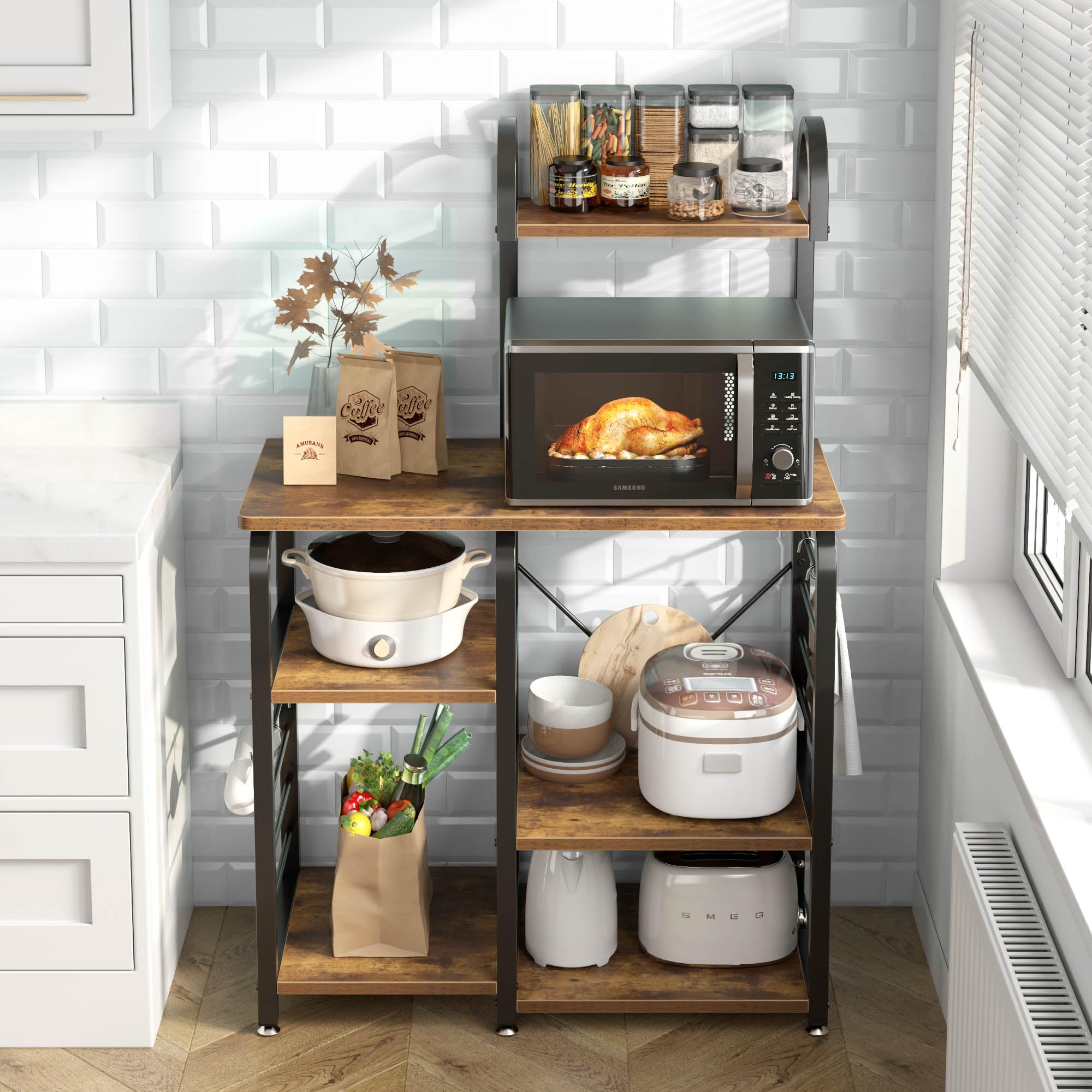Wellynap Bakers Rack, Kitchen Microwave Stand, 4 Tiers Kitchen Storage Rack Coffee Bar Table with Hooks, Kitchen Organizer Shelves for Spices Pots Pans, Brown