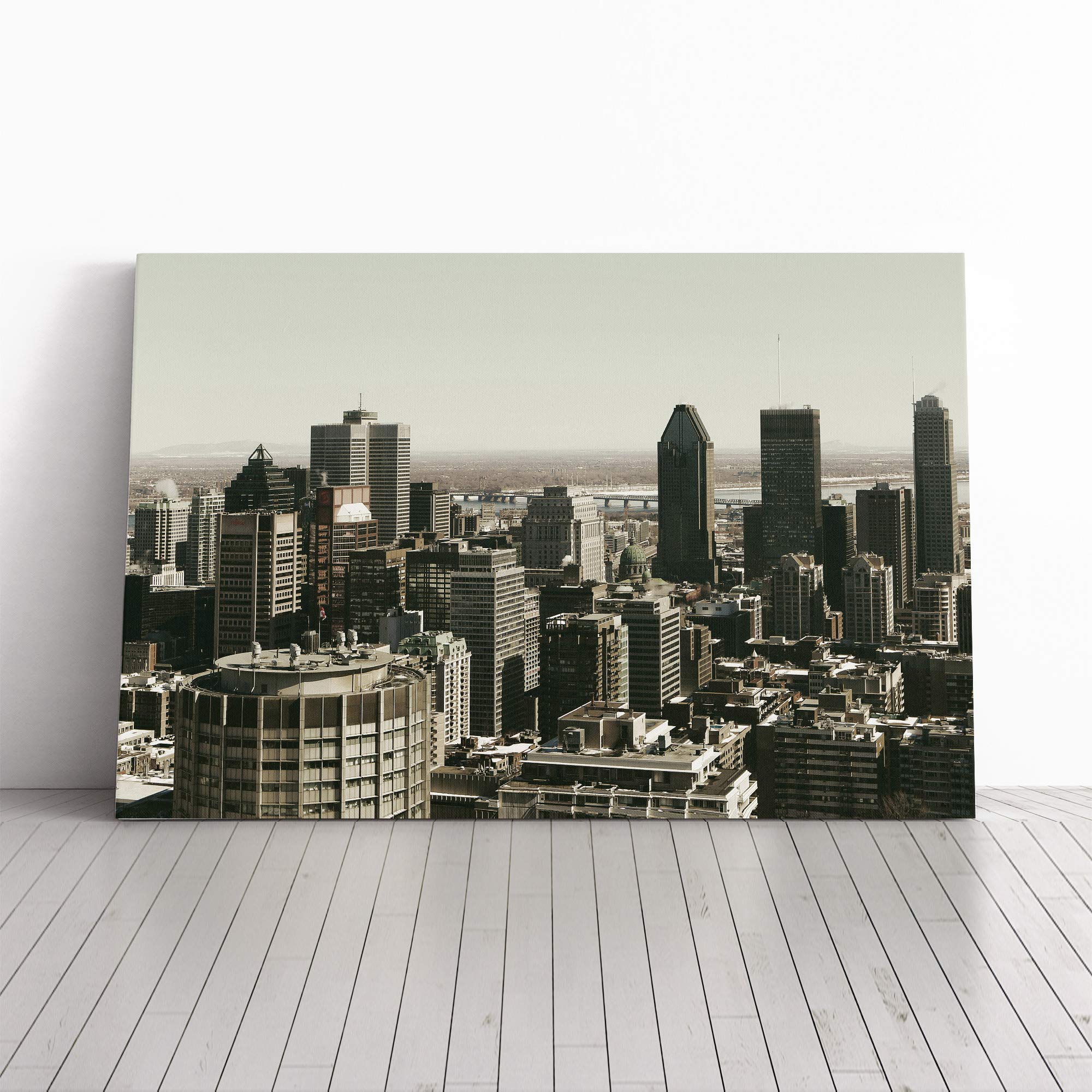 Canada City Montreal Skyline Canvas Print | Gallery Wrapped 30mm Frame Wall Art | 24x16 inches | Ready to Hang | Modern Cityscape Picture | Living Room Bedroom Lounge Office