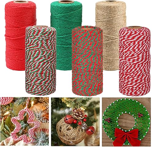 Doumeny 6 rollos de cordel de algodón de Navidad de 984 pies de cuerda de algodón para panaderos de Navidad, cuerda de algodón rojo, verde y blanco,