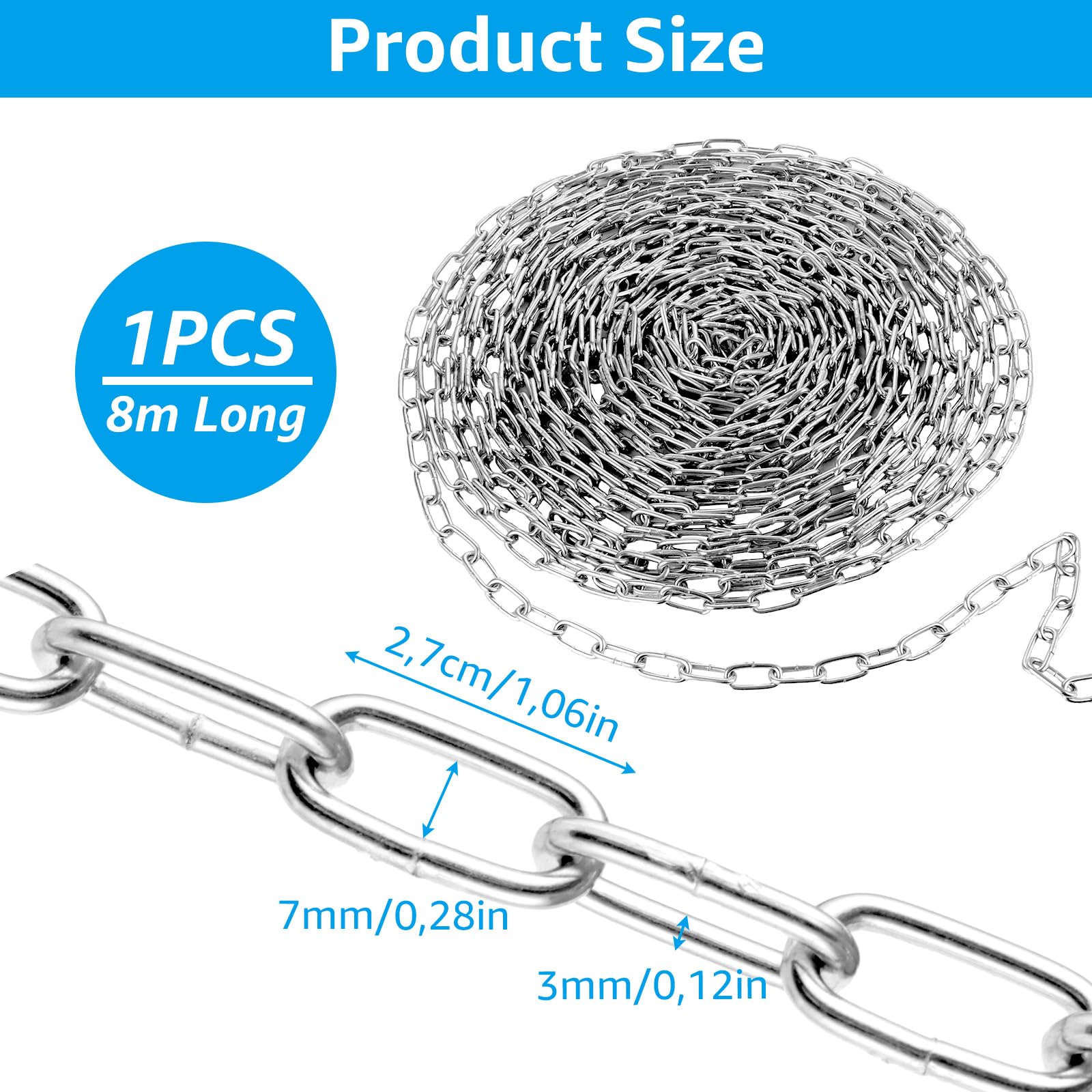 WOPPLXY Cadena Metálica Galvanizada, 8 Metros de Chain de 3 mm por Metros, Cadena de Eslabones Metálica, Superficie Galvanizada, Chain de Ancla, Cadenas para Columpios, para Colgar Vallas