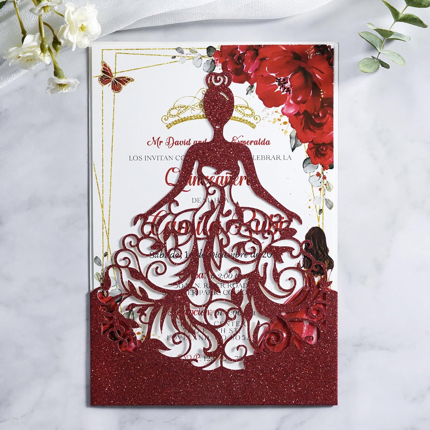 ponatia 25 PCS XV ANOS Personalized Invitation Cards, Quinceanera Invitations, Customized Invitation Cards, Personalized Printed Order, Picture Card-Red Glitter