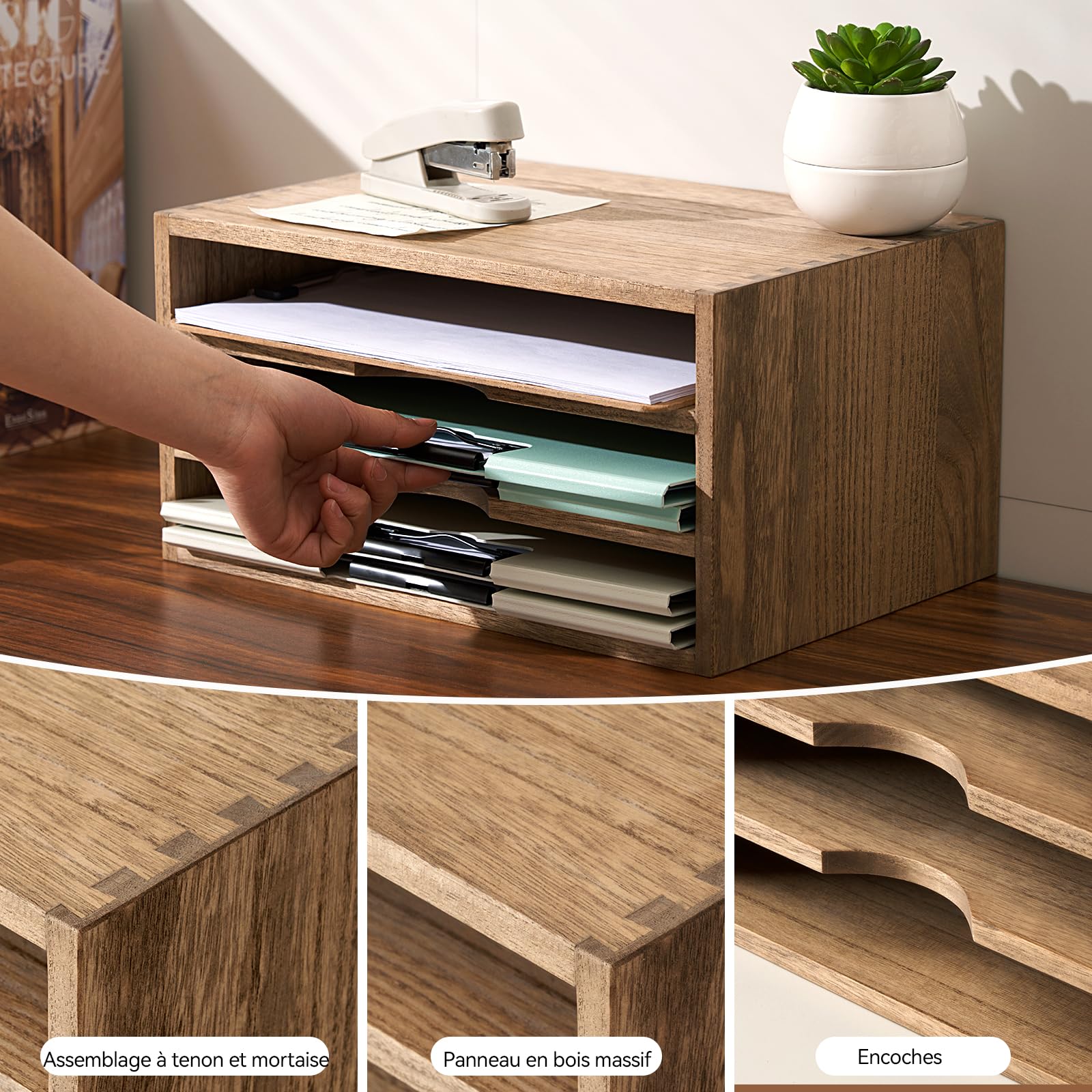 KIRIGEN Organisateur de Bureau en Bois - Armoire de Rangement Jaune-Brun pour Papier, Courrier et Magazines